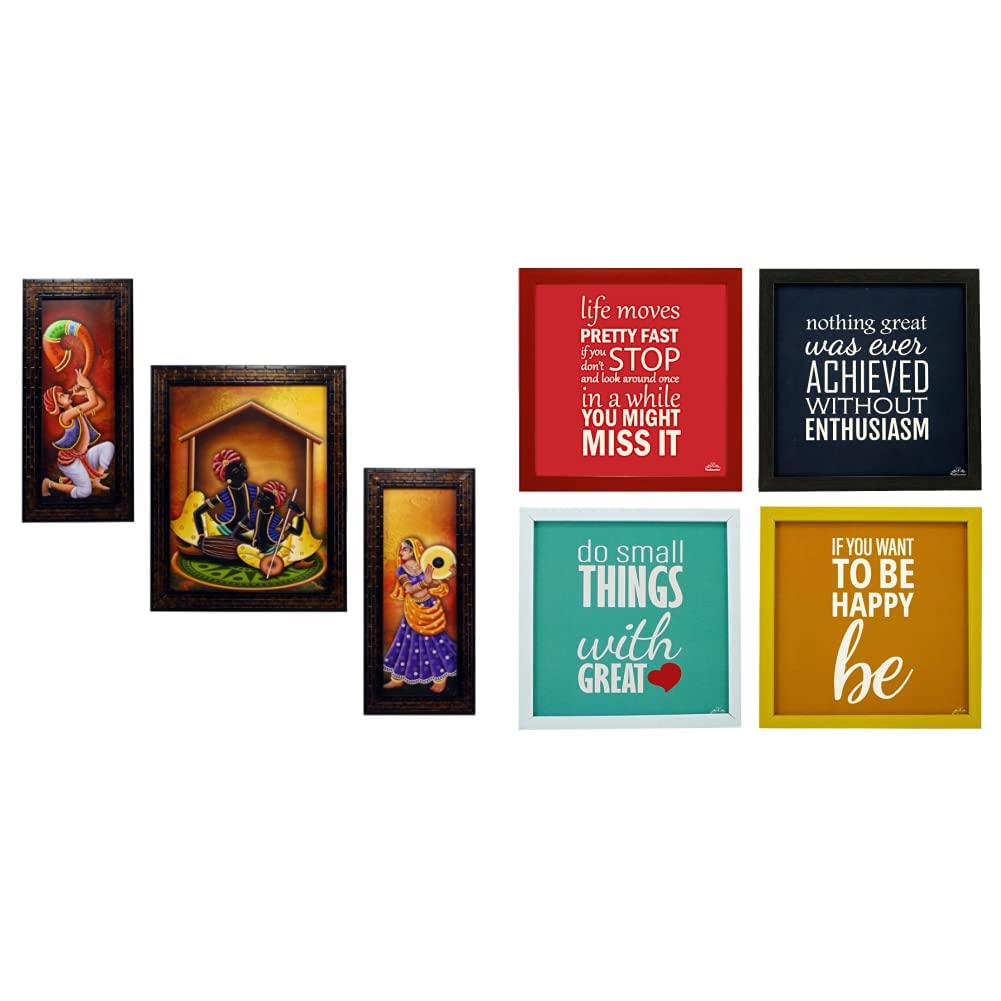 Indianara 3 PC Set of Rajasthani Folk Music & Dance Paintings (1084) Without Glass 6 X 13, 10.2 X 13, 6 X 13 inch-Multicolour