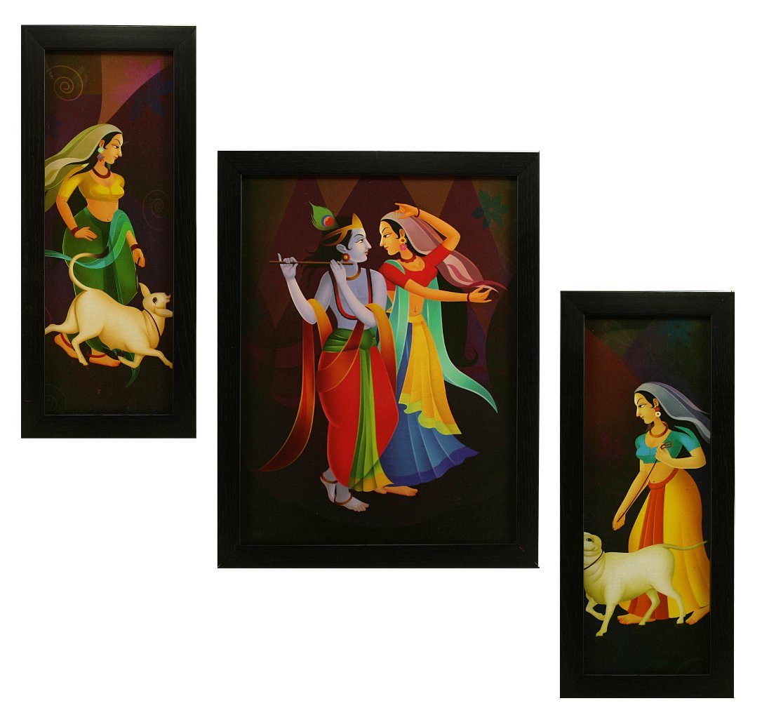 Indianara 3 Pc Set of Radha Krishna Paintings Without Glass 5.2 X 12.5, 9.5 X 12.5, 5.2 X 12.5 Inch-Multicolour