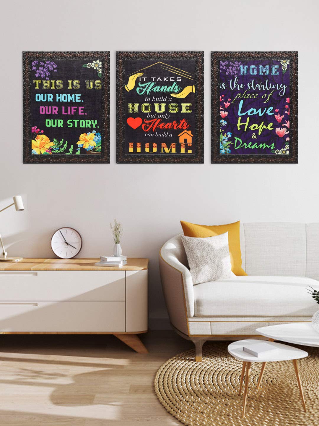 Indianara 3 Piece Set of Framed Wall Hanging Welcome Home Decor Art (1193) Prints 8.7 inch X 8.7 inch Without Glass-Multicolour