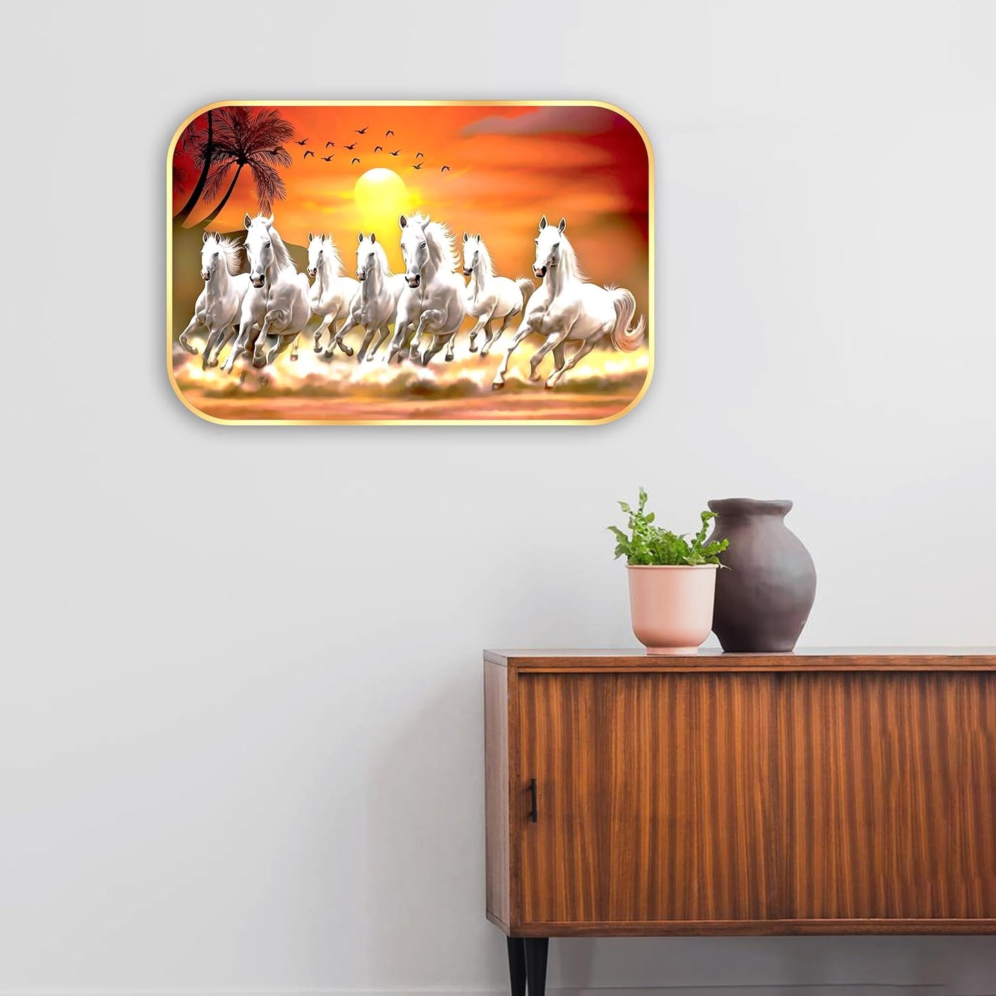 Indianara Vastu Running Seven Horse Painting With Frame 18 Inches X 12 Inches (Style1)