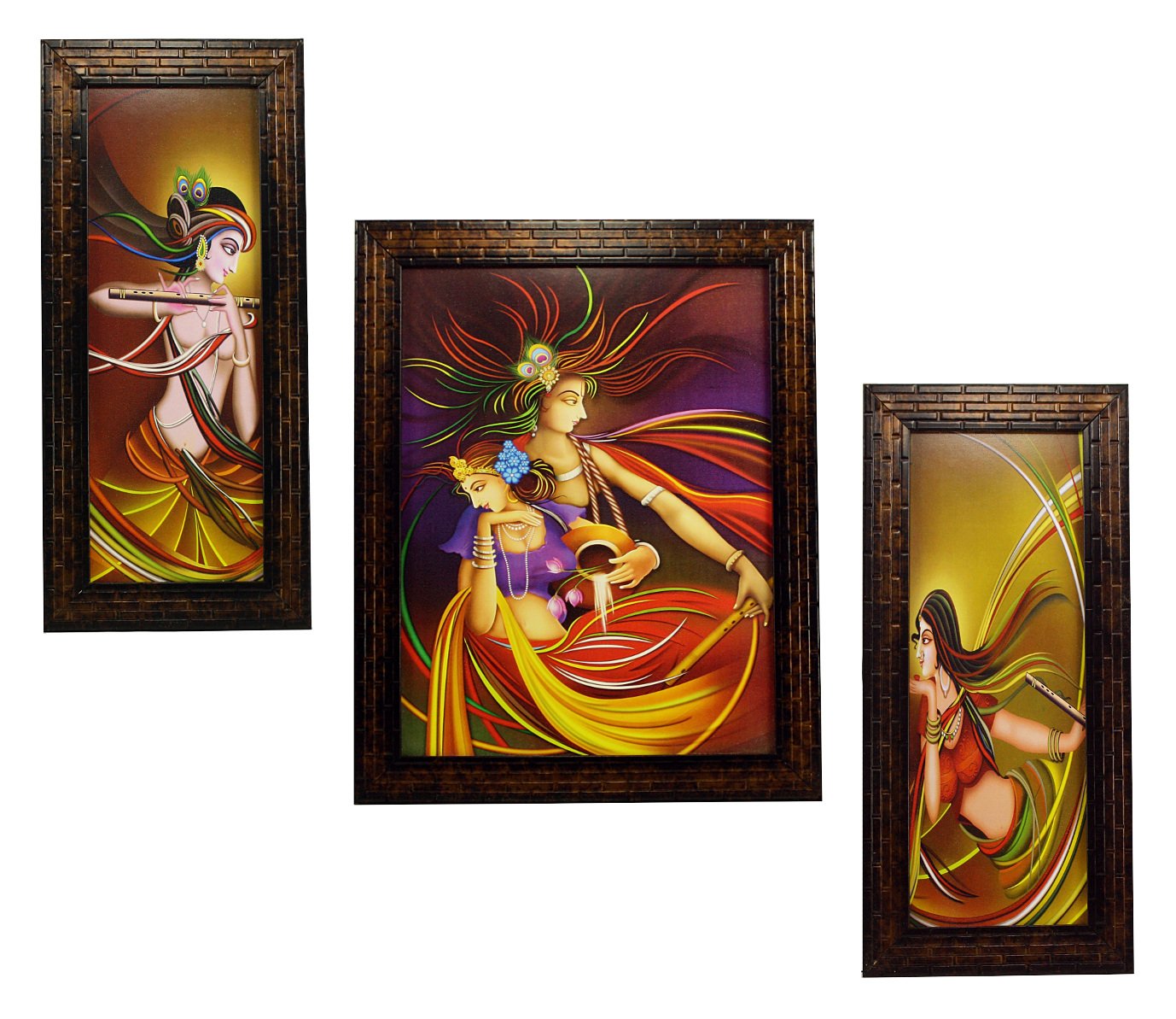 Indianara 3 Pc Set of Radha Krishna Paintings Without Glass 5.2 X 12.5, 9.5 X 12.5, 5.2 X 12.5 Inch-Multicolour
