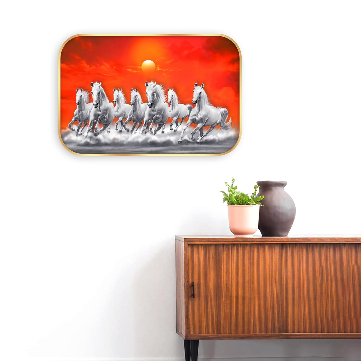 Indianara Seven Running White Horses Wall Art, Gold Frame, Night Scene with Purple Flowers, 45 x 30 cm (10929)