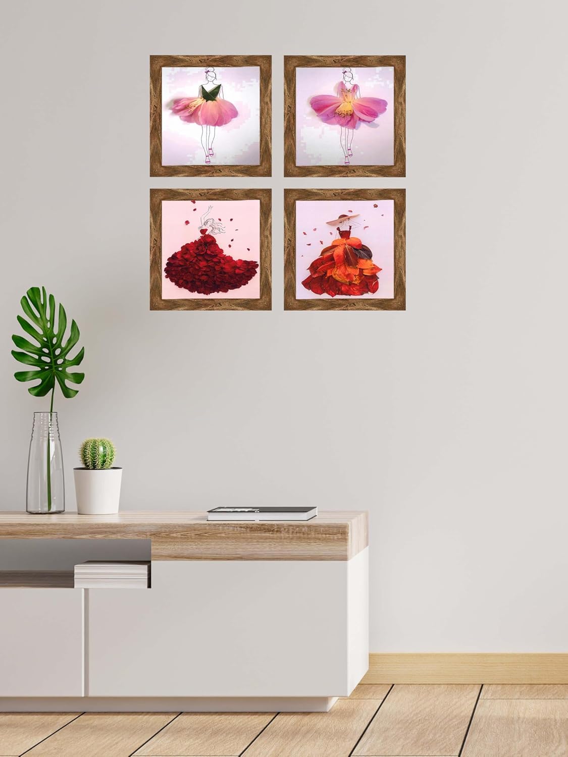 Indianara Fashion Wall Art Print Set, 4 Pieces Floral Dress Designs, 24.13 x 24.13 cm Each, Walnut Frames (6525 WNT)