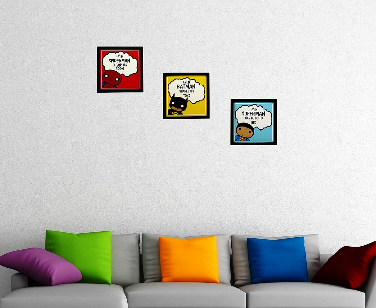 Indianara 3 Piece Set of Framed Wall Hanging Kids Room Decor Spiderman Batman Superman Art Prints 8.7 inch X 8.7 inch Without Glass-Multicolour