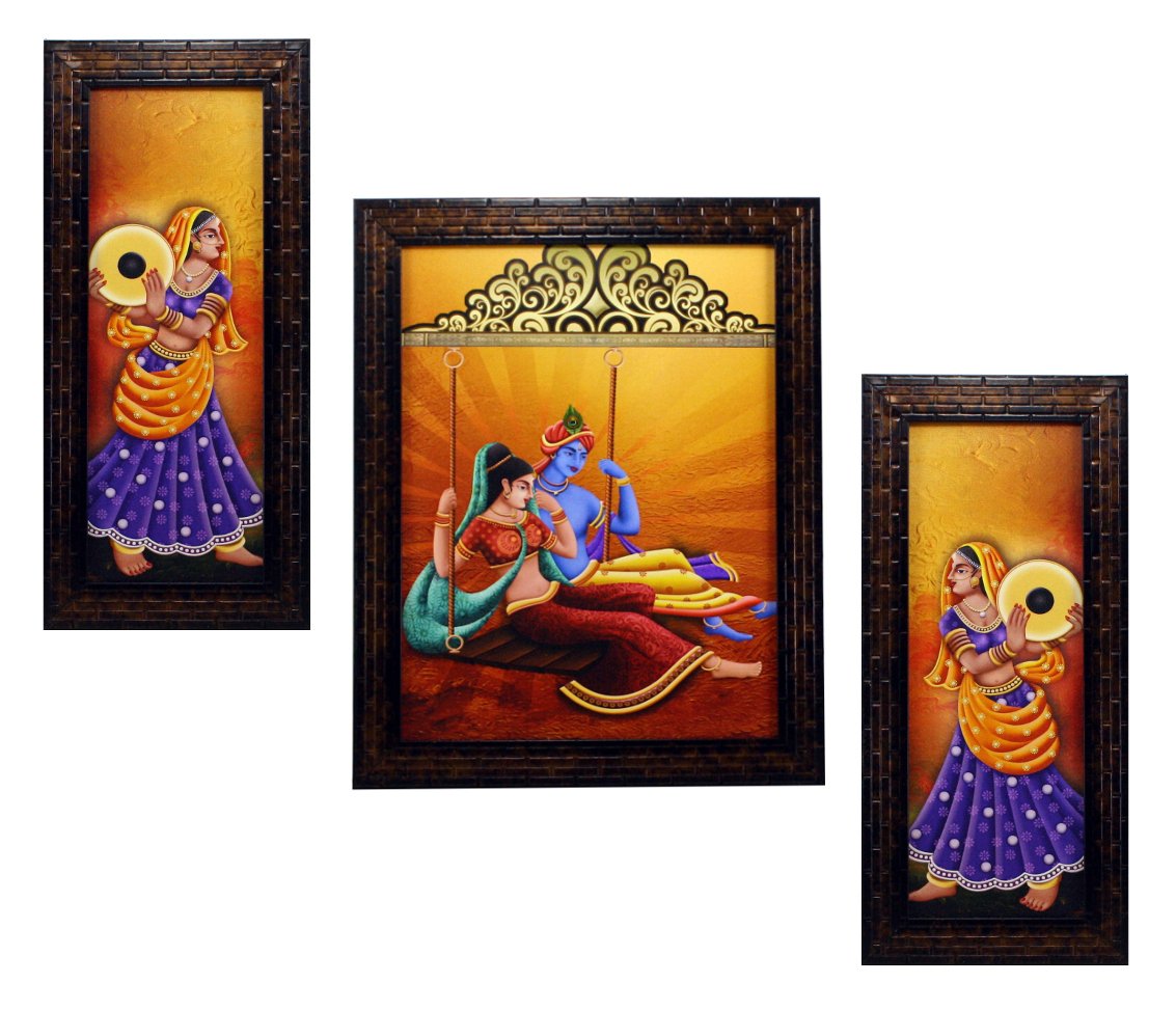 Indianara 3 Pc Set of Radha Krishna Paintings Without Glass 5.2 X 12.5, 9.5 X 12.5, 5.2 X 12.5 Inch-Multicolour
