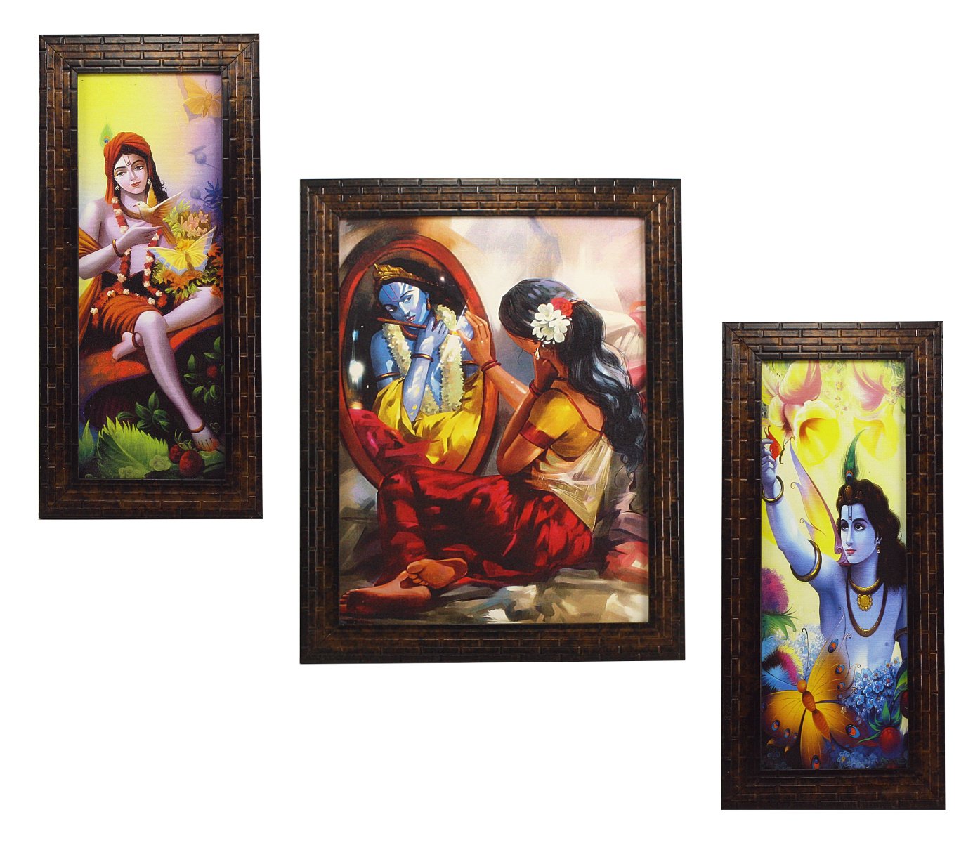 Indianara 3 Pc Set of Radha Krishna Paintings Without Glass 5.2 X 12.5, 9.5 X 12.5, 5.2 X 12.5 Inch-Multicolour