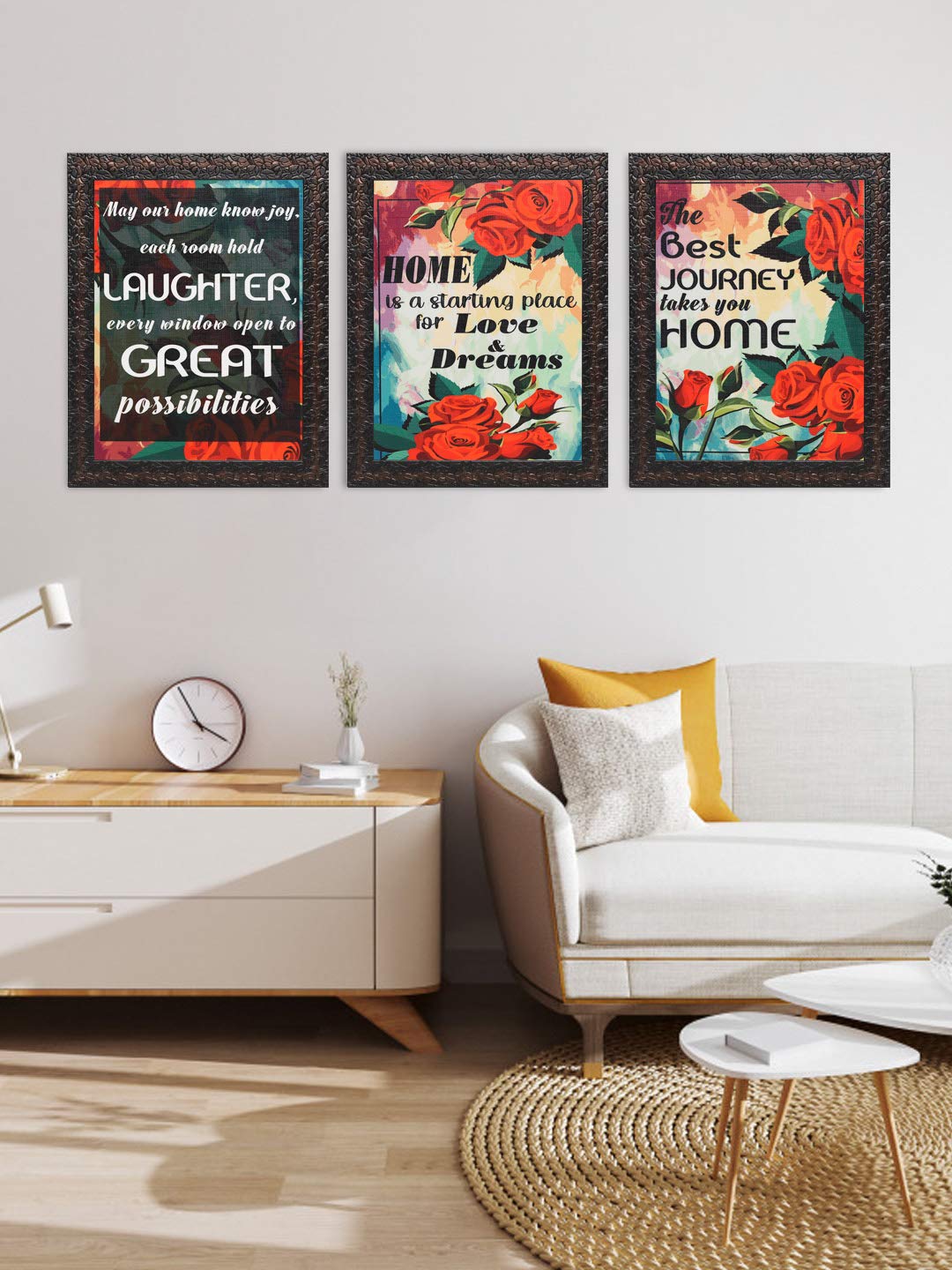 Indianara 3 Piece Set of Framed Wall Hanging Welcome Home Decor Art (1193) Prints 8.7 inch X 8.7 inch Without Glass-Multicolour