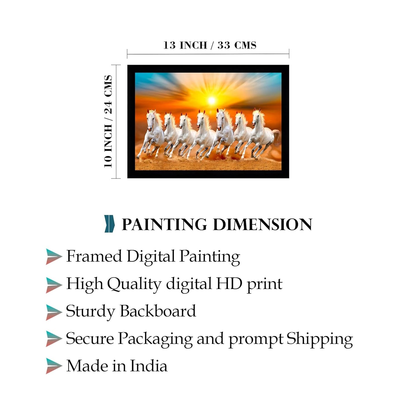 Indianara Vastu Runing Seven Horses Painting With Frame 13 Inches X 10 Inches (Style 1)
