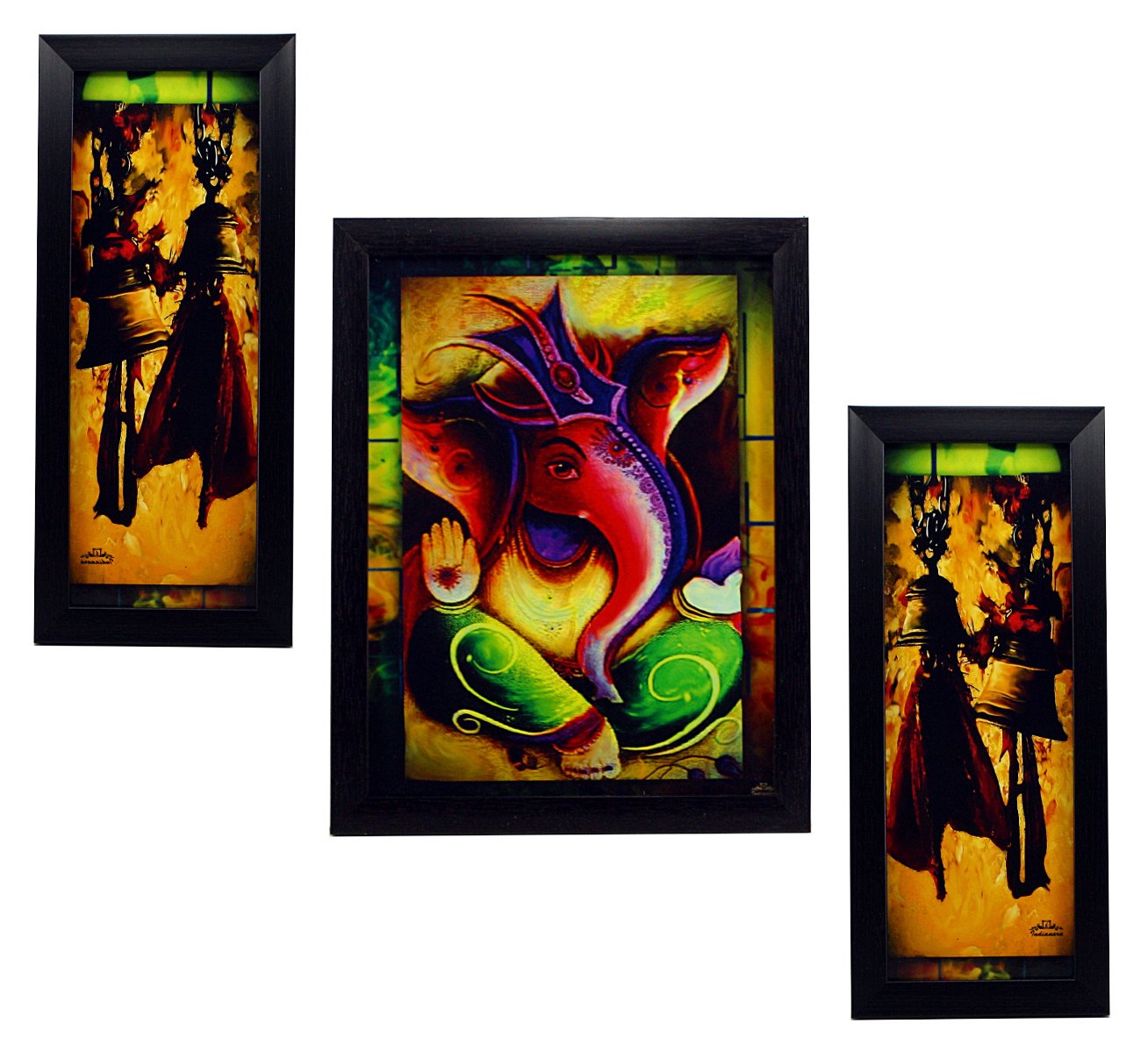 Indianara 3 PC Set of Lord Ganesha Paintings (1164) Without Glass 5.2 X 12.5, 9.5 X 12.5, 5.2 X 12.5 INCH-Multicolour
