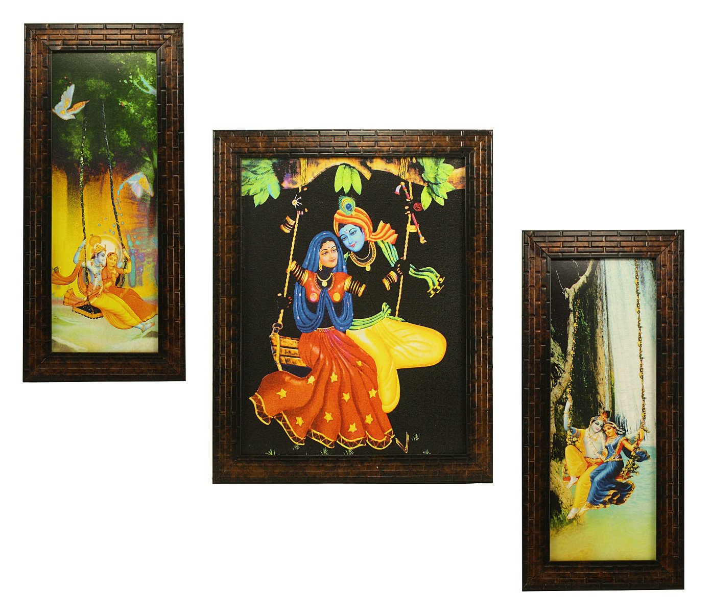 Indianara 3 Pc Set of Radha Krishna Paintings Without Glass 5.2 X 12.5, 9.5 X 12.5, 5.2 X 12.5 Inch-Multicolour