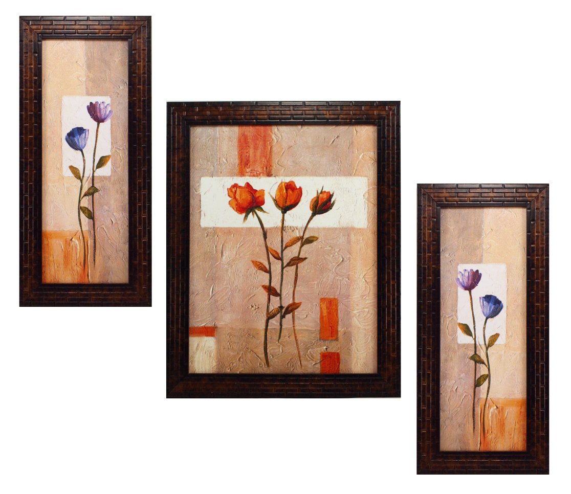 Indianara 3 Pc Set of Floral Paintings (1056) Without Glass 5.2 X 12.5, 9.5 X 12.5, 5.2 X 12.5 Inch-Multicolour