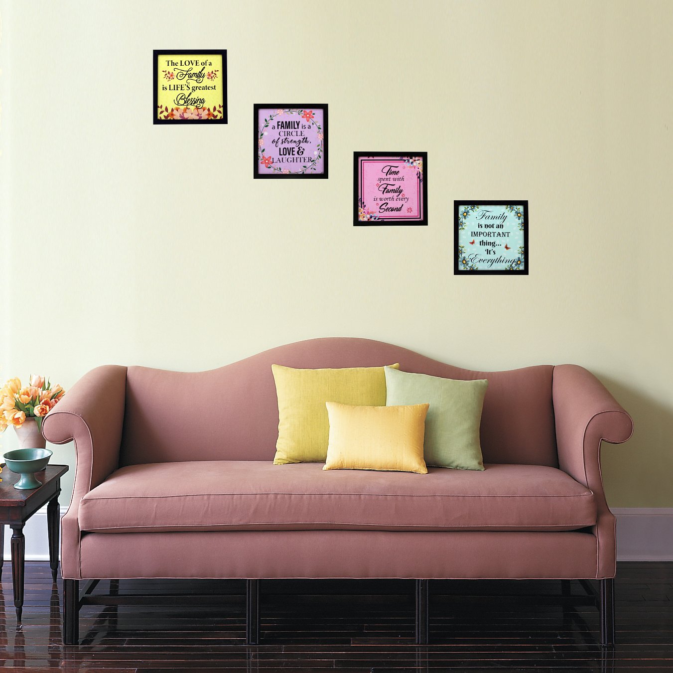 Indianara 4 Piece Set of Framed Wall Hanging Family Quote Decor(1189) Art Prints 8.7 inch X 8.7 inch Without Glass-Multicolour