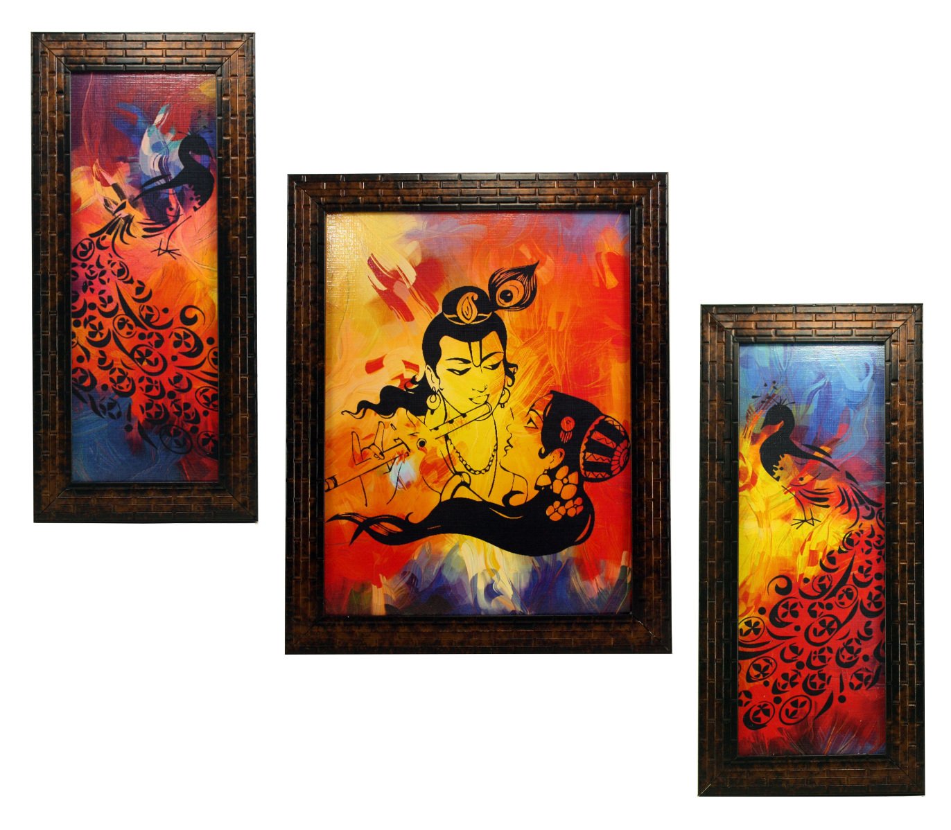 Indianara 3 Pc Set of Radha Krishna Paintings Without Glass 5.2 X 12.5, 9.5 X 12.5, 5.2 X 12.5 Inch-Multicolour