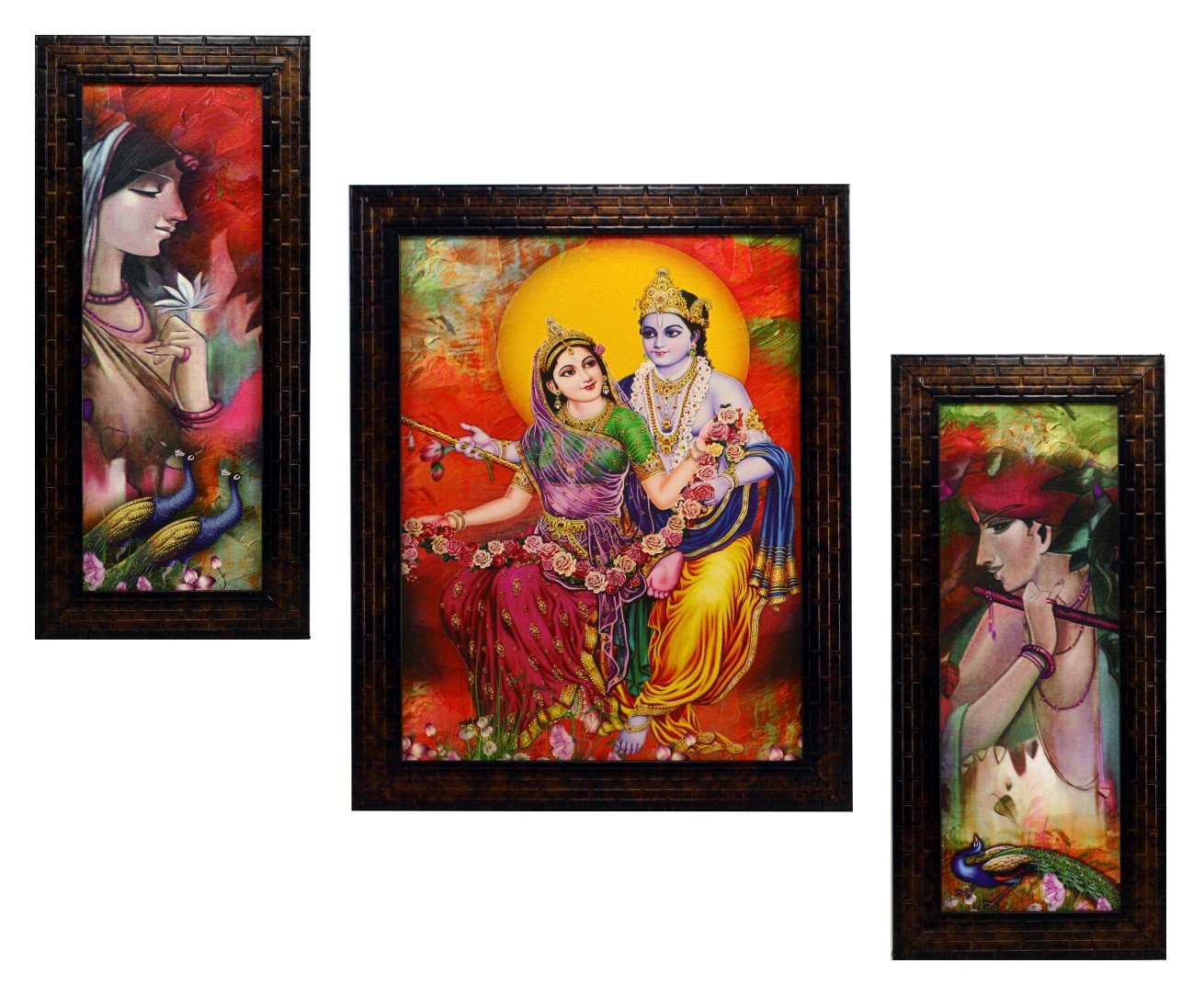 Indianara 3 Pc Set of Radha Krishna Paintings Without Glass 5.2 X 12.5, 9.5 X 12.5, 5.2 X 12.5 Inch-Multicolour