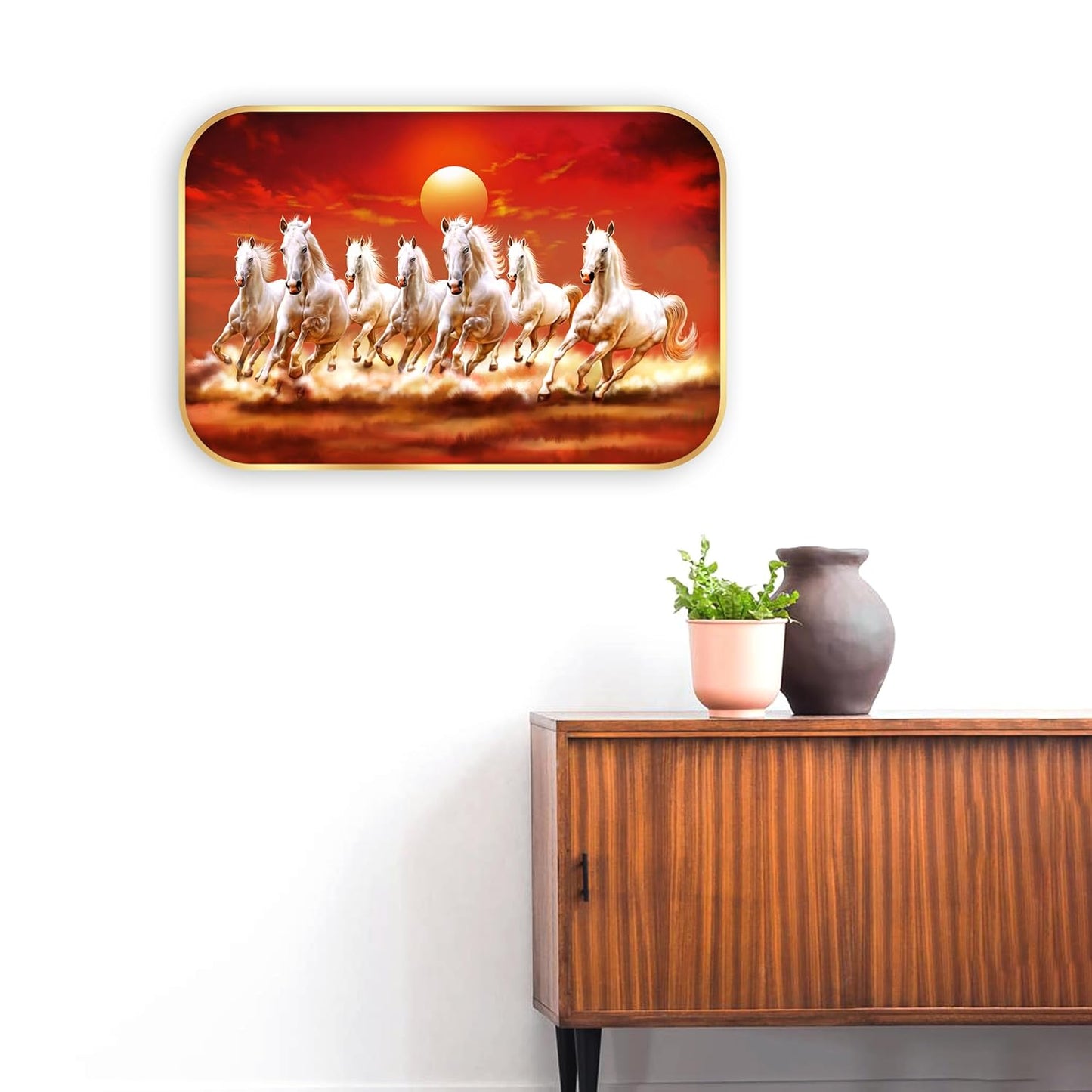 Indianara Seven Running White Horses Vastu Wall Art, Gold Frame, Digital Print, 45 x 30 cm (10927)