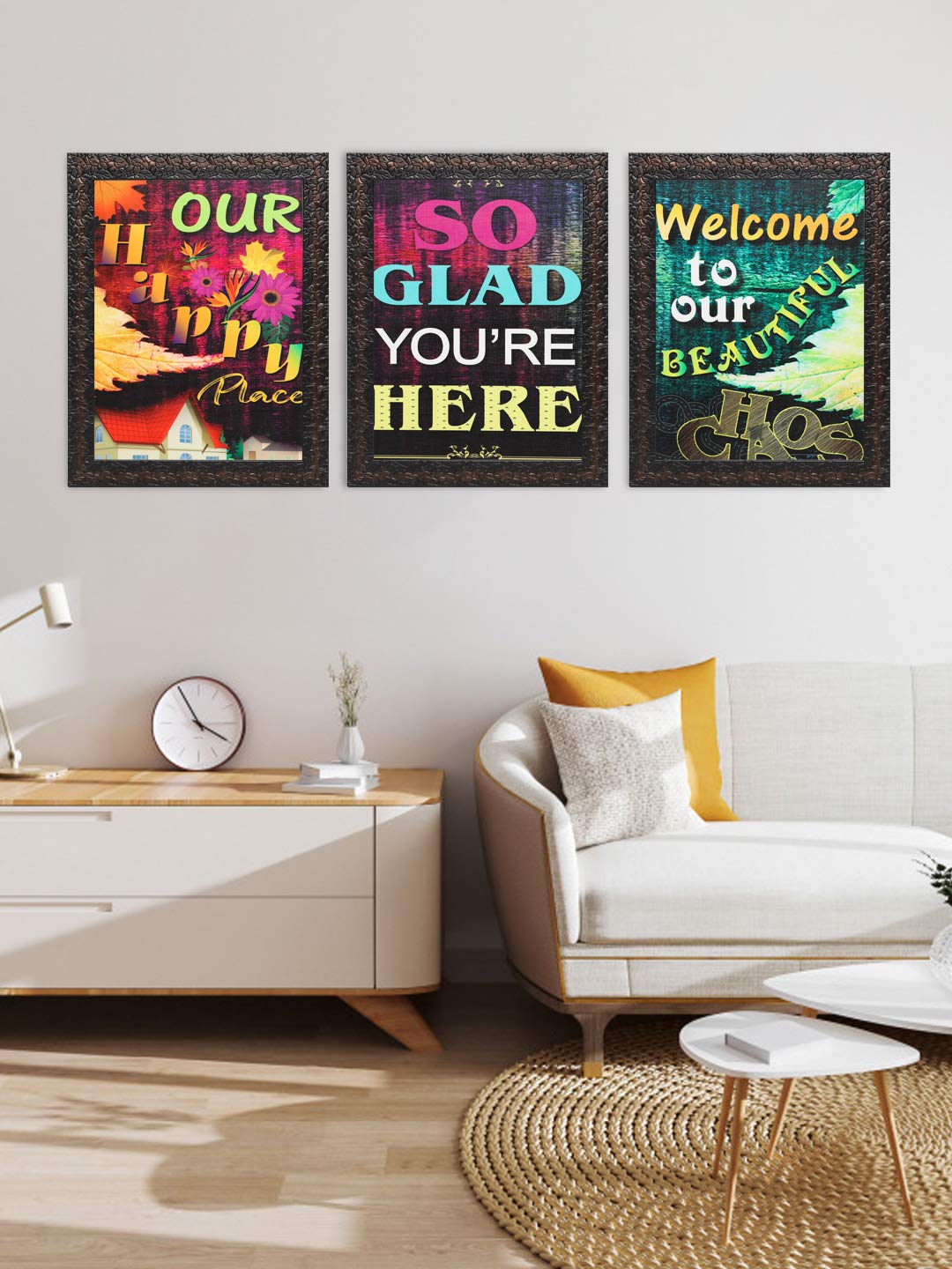 Indianara 3 Piece Set of Framed Wall Hanging Welcome Home Decor Art (1193) Prints 8.7 inch X 8.7 inch Without Glass-Multicolour