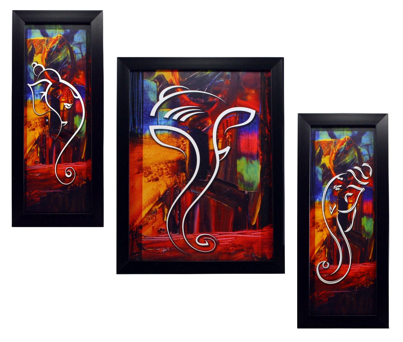 Indianara 3 PC Set of Lord Ganesha Paintings (1164) Without Glass 5.2 X 12.5, 9.5 X 12.5, 5.2 X 12.5 INCH-Multicolour