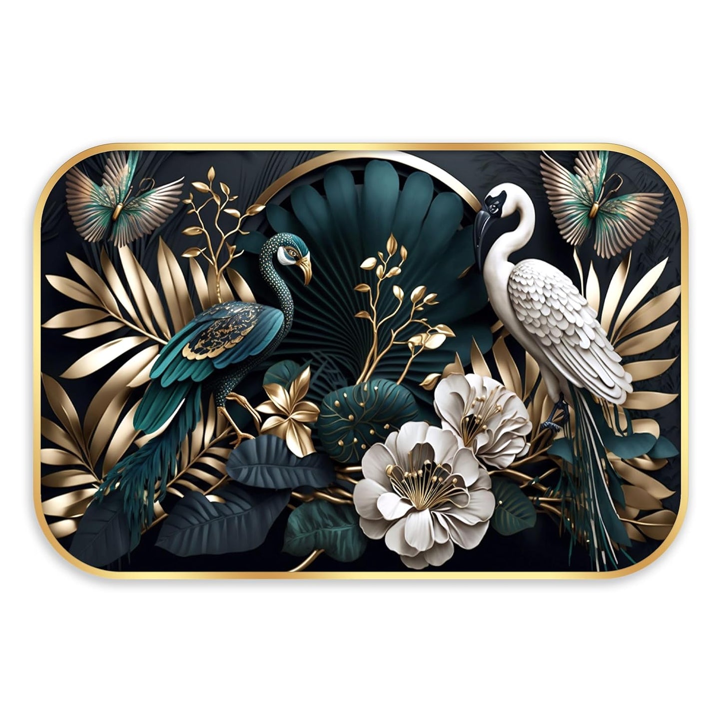 Indianara Luxury Wall Art, Peacock and Crane with Golden Foliage, Digital Print with Gold Frame, 45 x 30 cm, Black