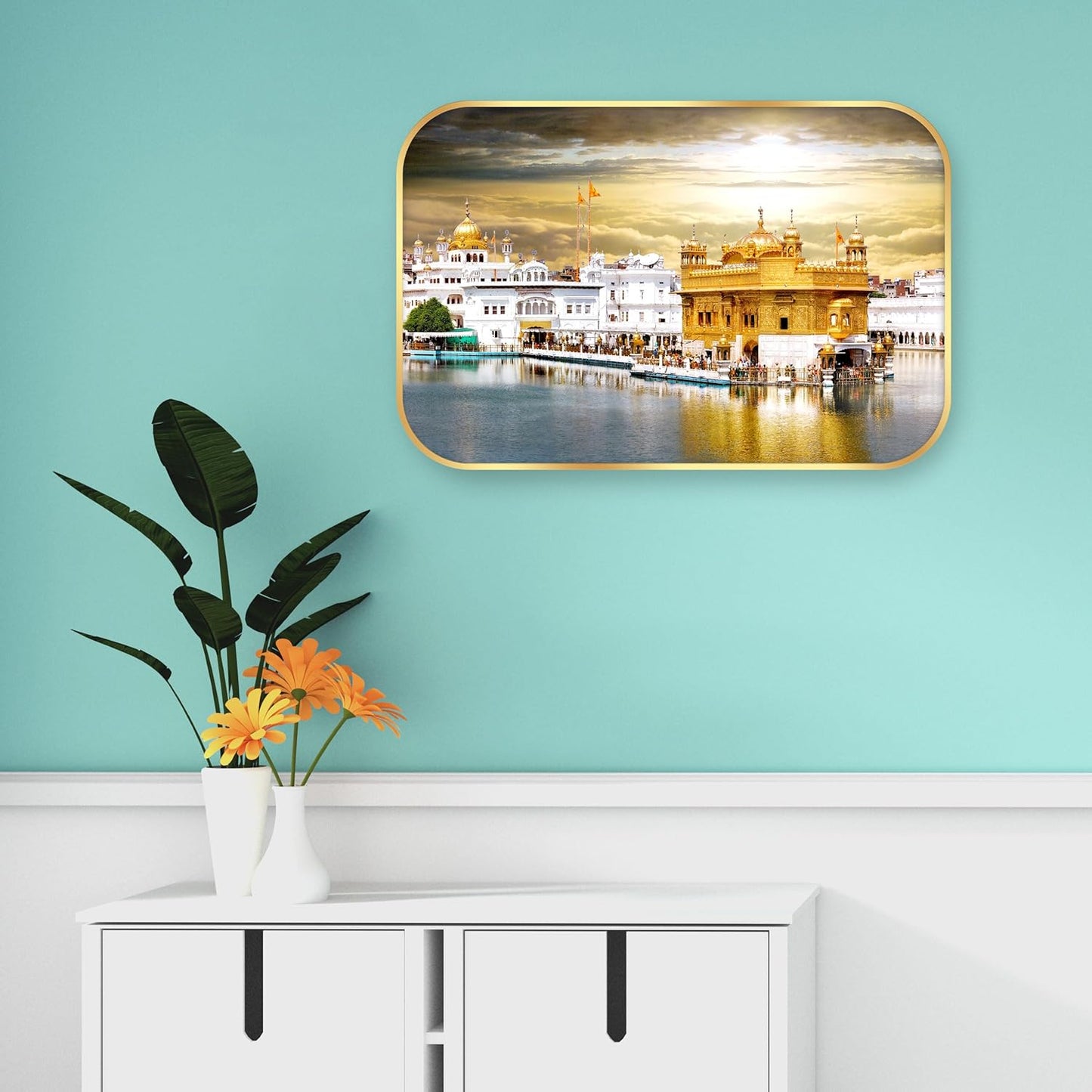 Indianara Golden Temple Amritsar Wall Art, Digital Print with Golden Frame, Premium Laminated, 45 x 30 cm
