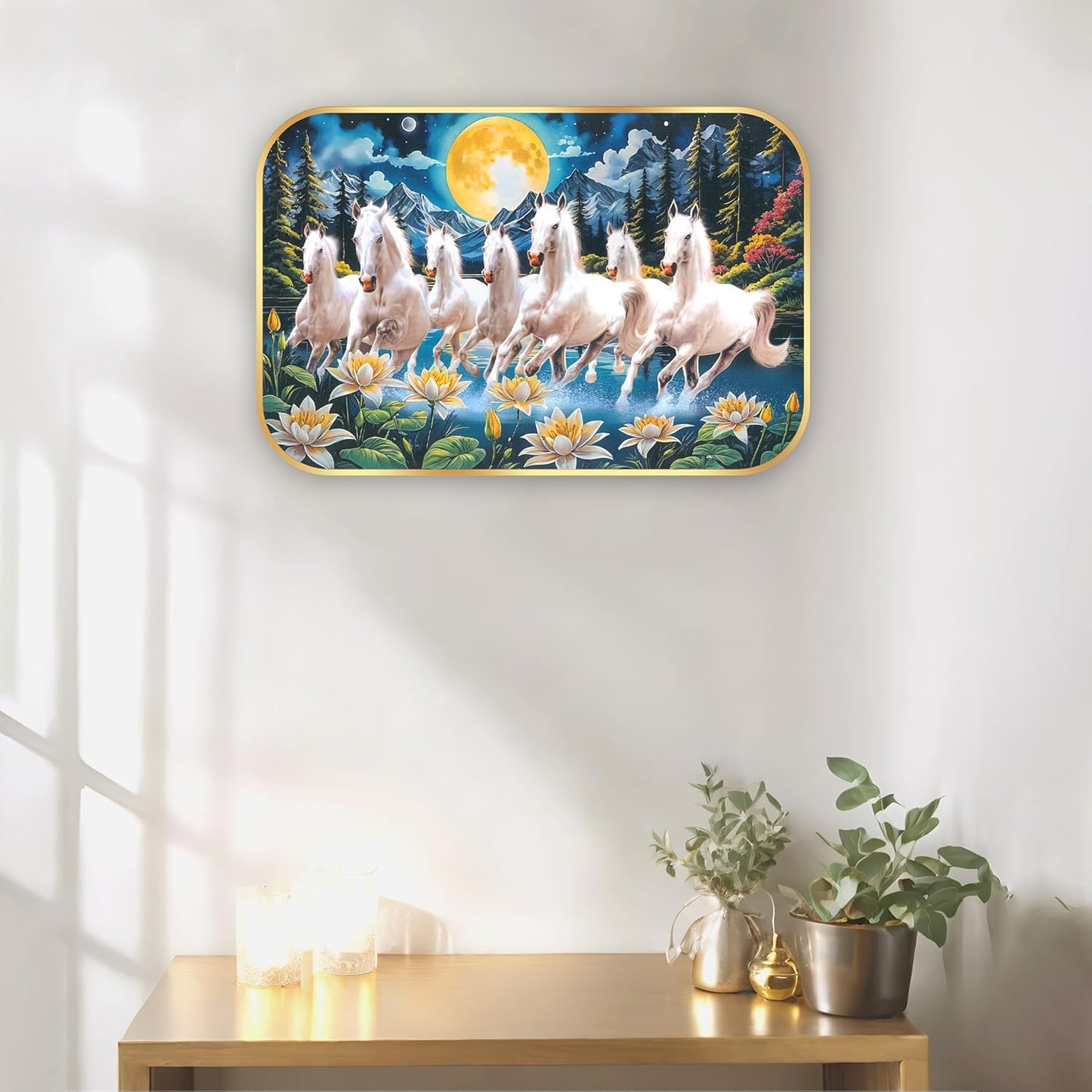 Indianara Seven Running White Horses Wall Art, Gold Frame, Night Scene with Purple Flowers, 45 x 30 cm (10915)