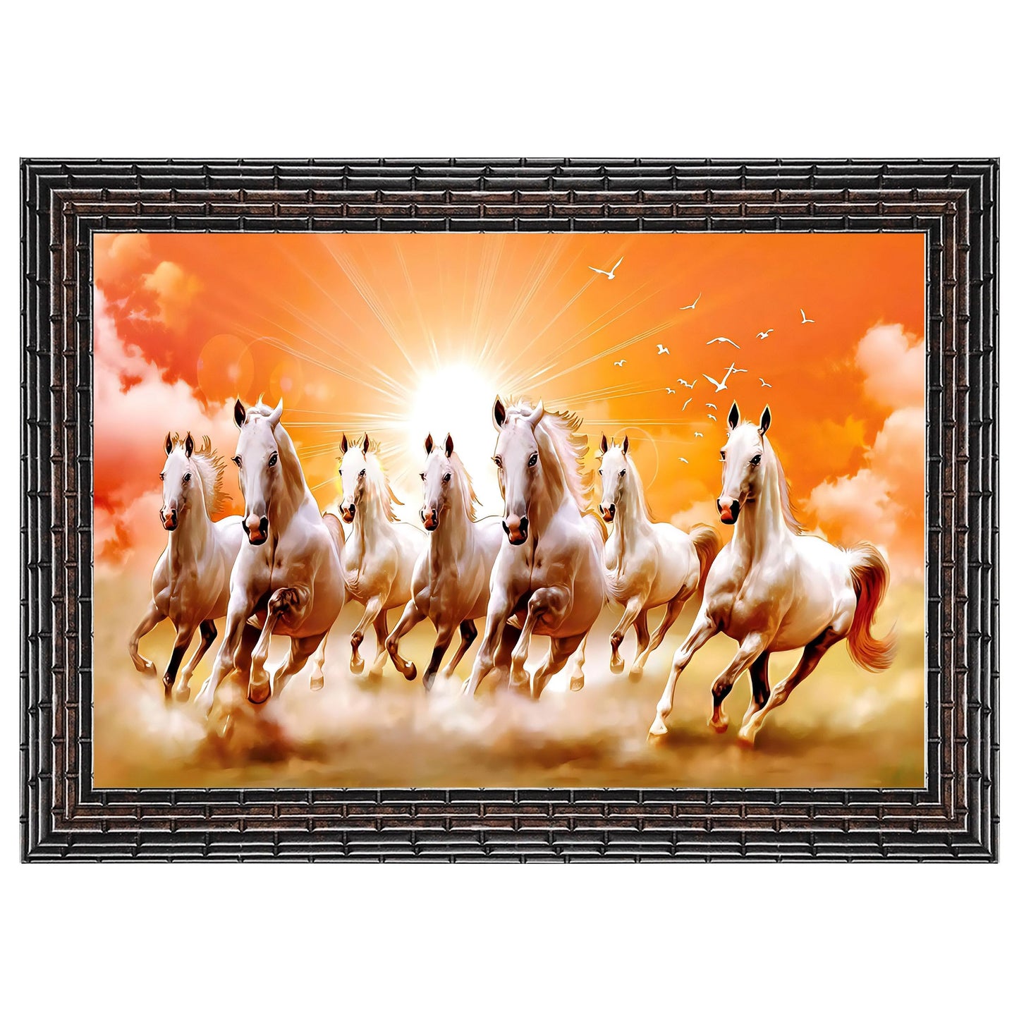 Indianara Vastu Runing Seven Horses Painting With Frame 13 Inches X 10 Inches (Style 1)