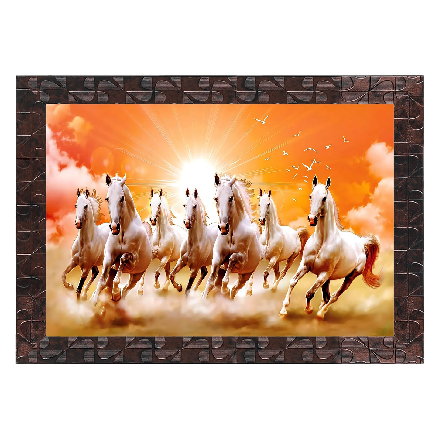 Indianara Vastu Runing Seven Horses Painting With Frame 13 Inches X 10 Inches (Style 1)