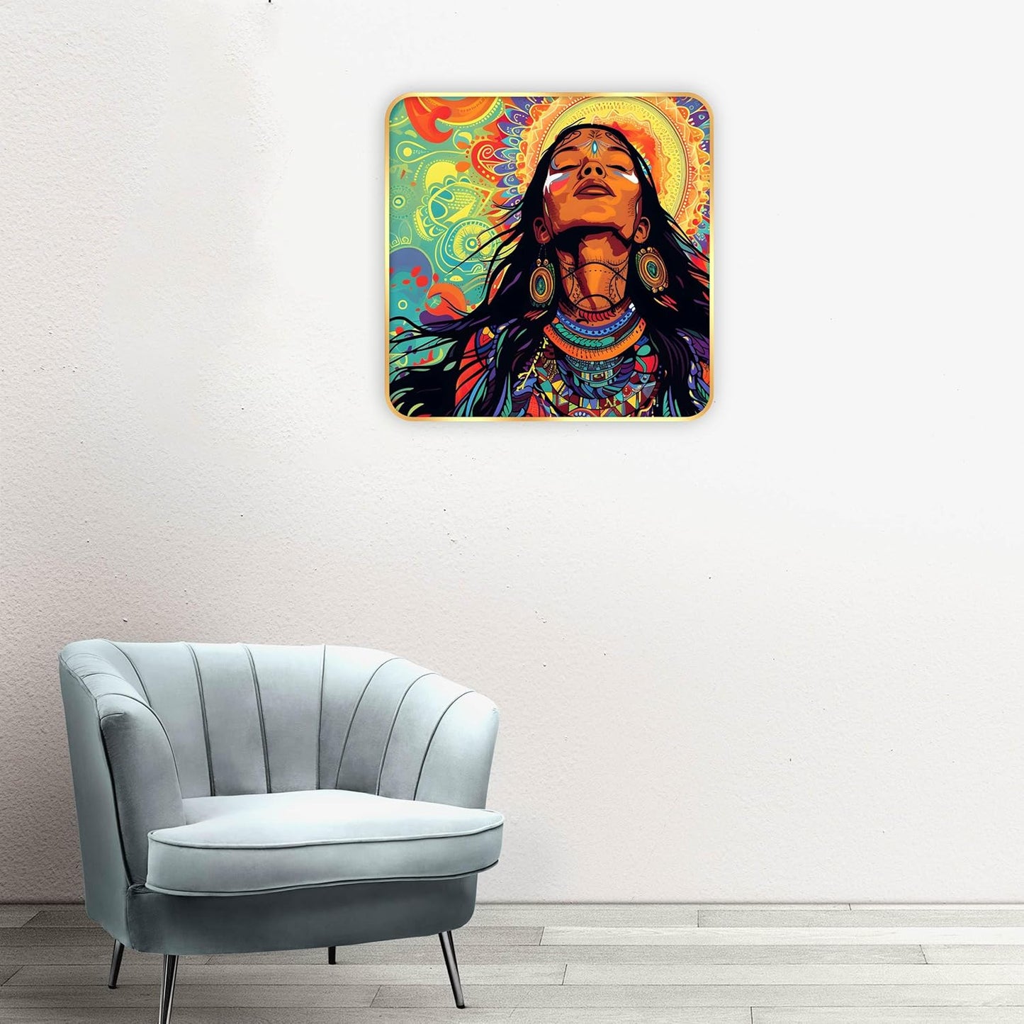 Indianara Tribal Art Wall Painting, Modern Design, Golden Frame, 40 cm x 40 cm, Premium Sparkle Lamination