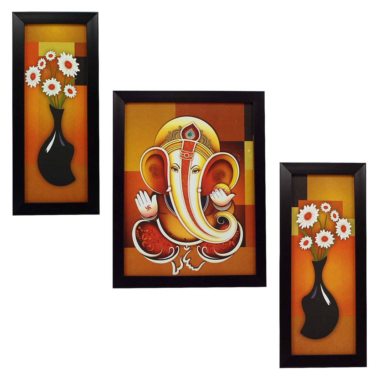 Indianara 3 PC Set of Lord Ganesha Paintings (1164) Without Glass 5.2 X 12.5, 9.5 X 12.5, 5.2 X 12.5 INCH-Multicolour