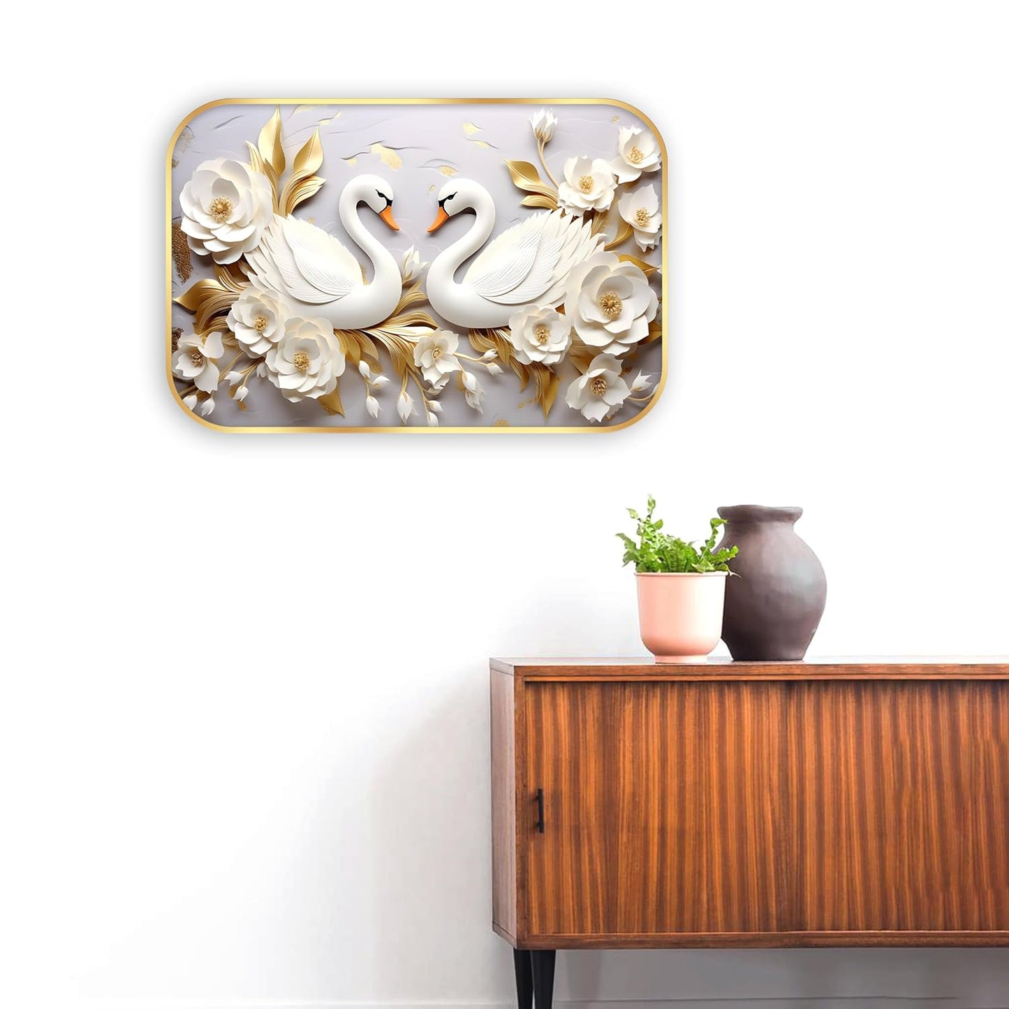 Indianara White Swan Wall Art with Gold Roses, Digital Print, Gold Frame, 45 x 30 cm, Landscape