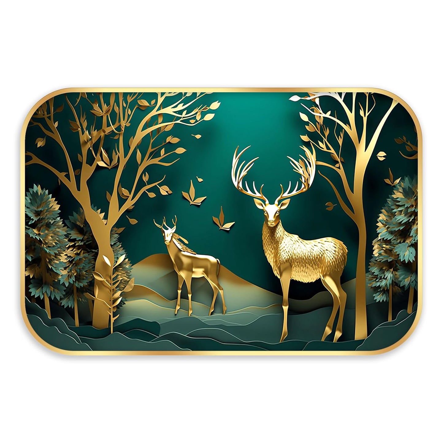 Indianara Golden Deer Forest Wall Art, Digital Print with Gold Frame, 45 x 30 cm, Emerald Green