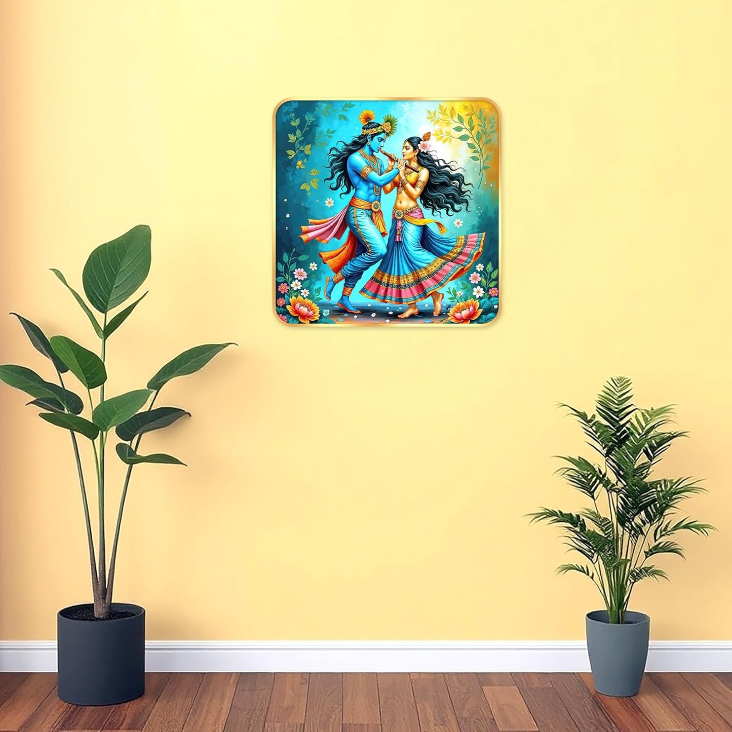 Indianara Traditional Radha Krishna Art Print, Golden Frame, Premium Sparkle Lamination, 40 cm x 40 cm (6674)