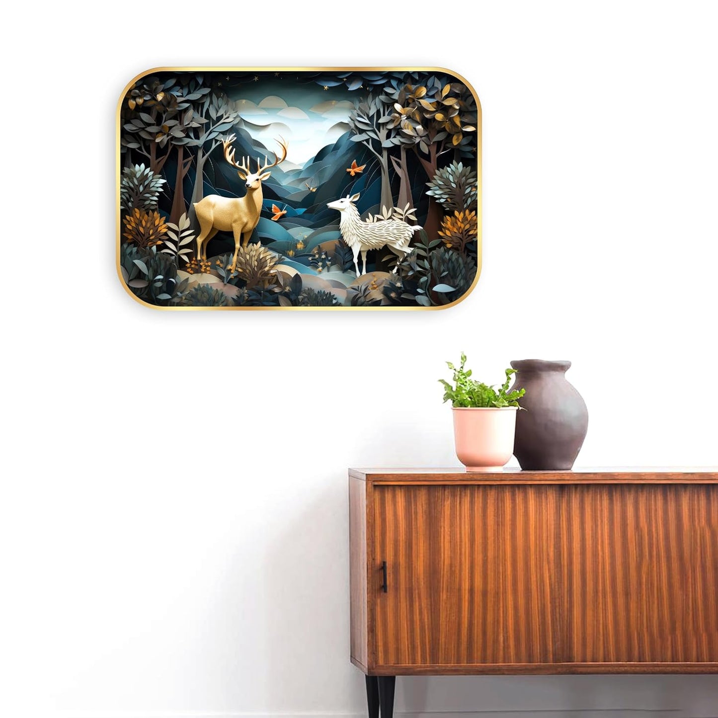 Indianara Enchanted Forest Wall Art, Gold Frame, 45 x 30 cm, Whimsical Deer Design, Indoor Decorative Print, Matte Finish