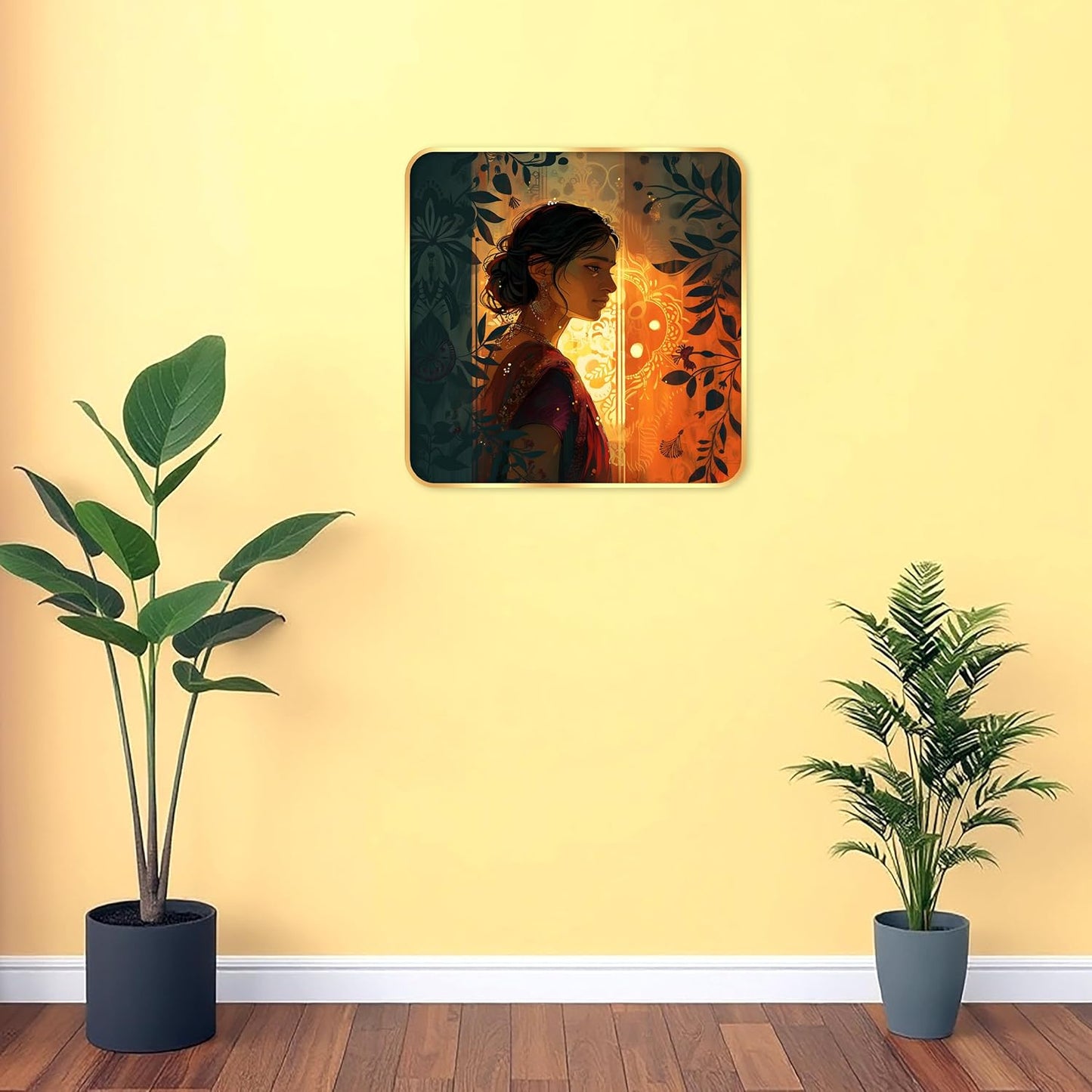 Indianara Beautiful Indian Woman Art Print with Golden Frame, Traditional Portrait, 40 cm x 40 cm, Premium Sparkle Lamination
