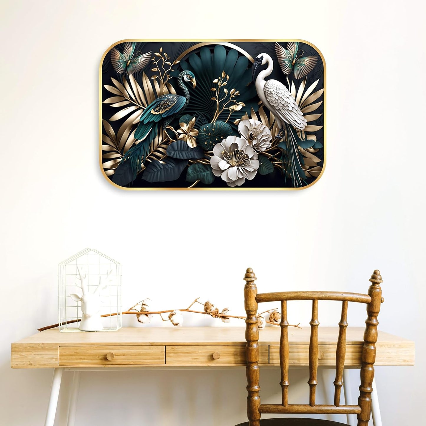 Indianara Luxury Wall Art, Peacock and Crane with Golden Foliage, Digital Print with Gold Frame, 45 x 30 cm, Black