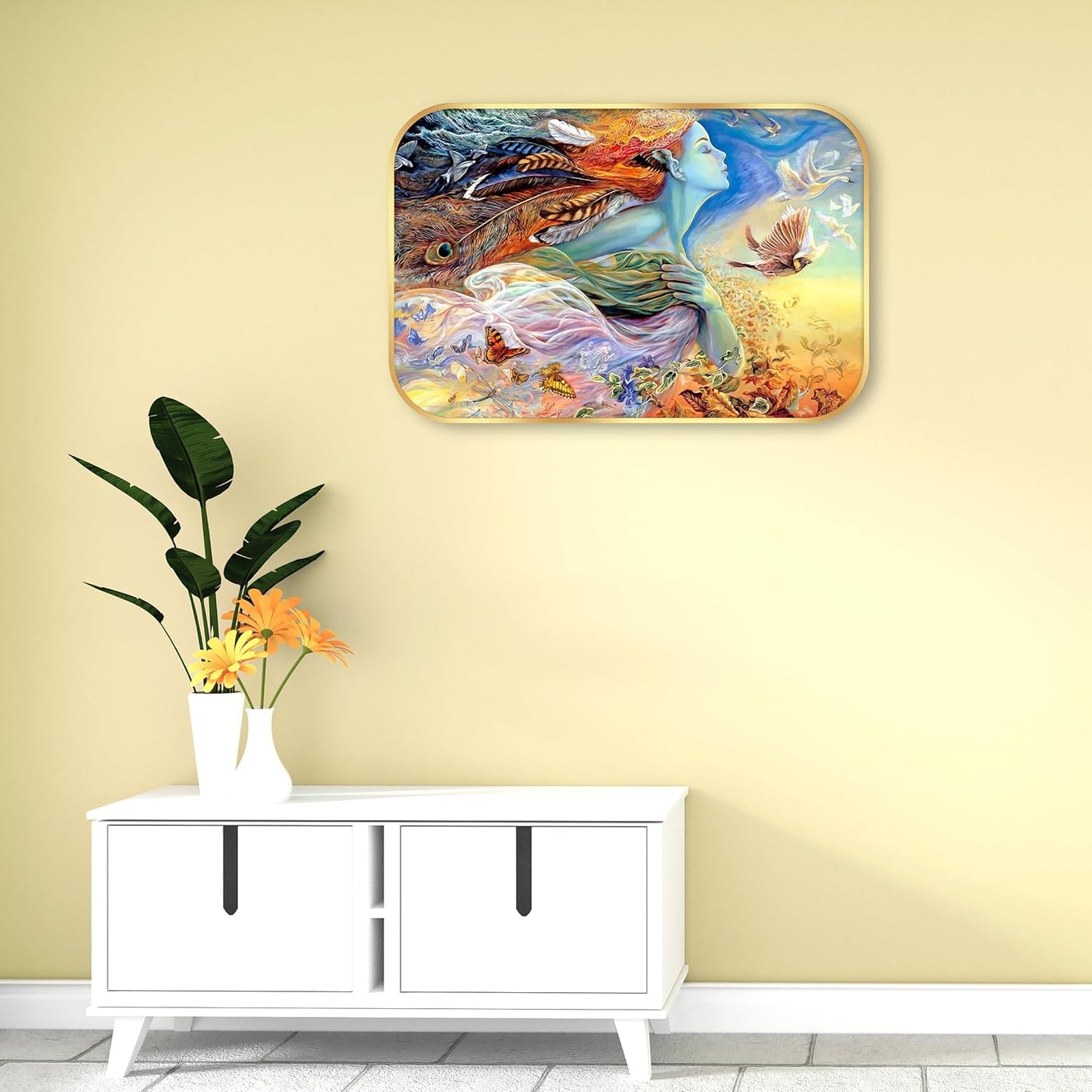 Indianara Fantasy Nature Wall Art, Digital Print with Beautiful Woman Feathers and Butterflies Design, Gold Frame, 45 x 30 cm