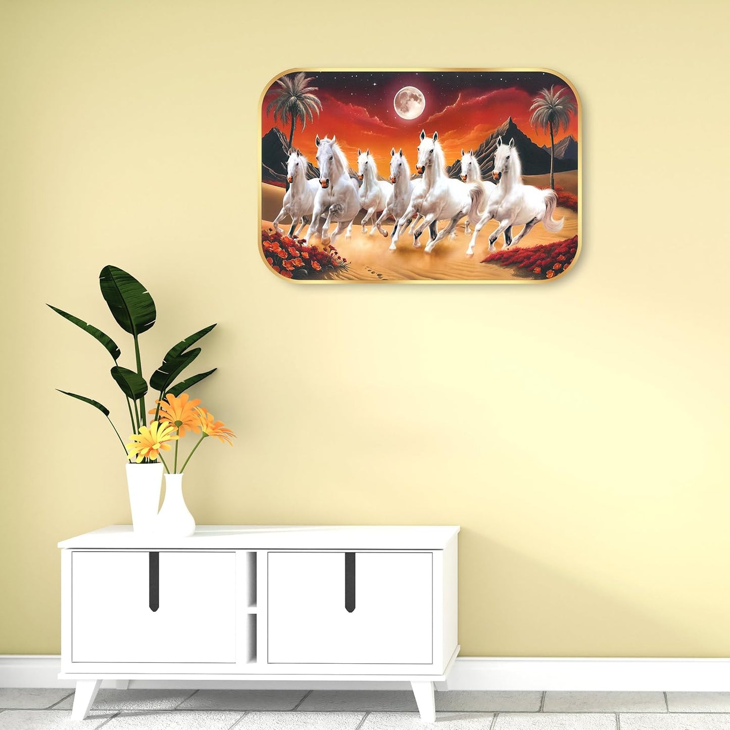 Indianara Seven Running White Horses Wall Art, Gold Frame, Night Scene with Purple Flowers, 45 x 30 cm (10912)