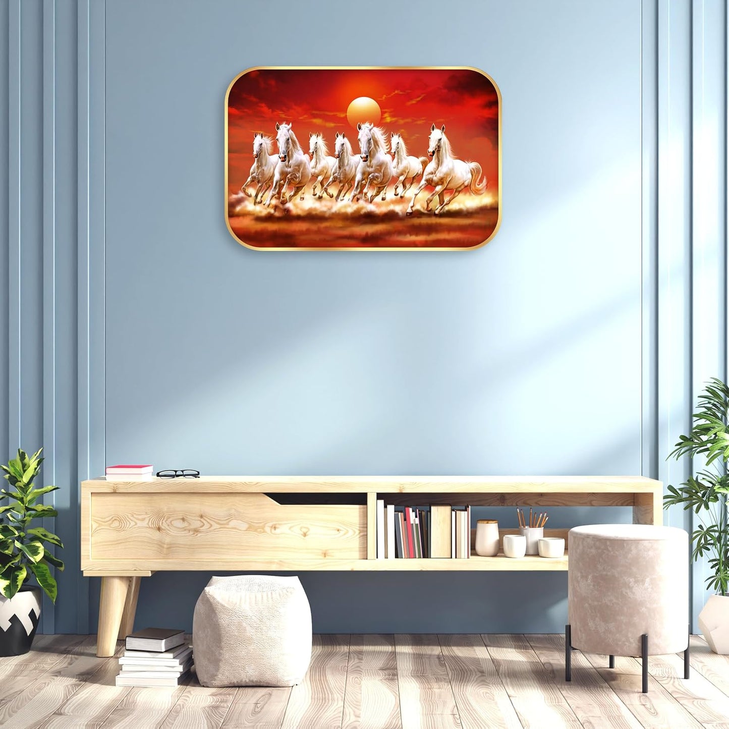Indianara Seven Running White Horses Vastu Wall Art, Gold Frame, Digital Print, 45 x 30 cm (10927)