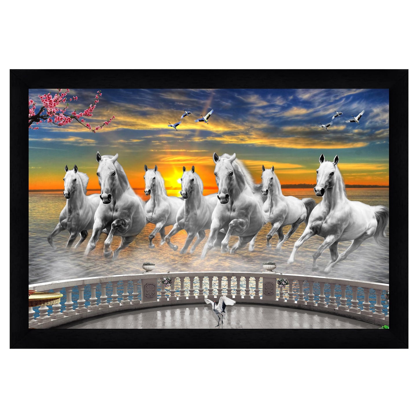 Indianara Vastu Runing Seven Horses Painting With Frame 13 Inches X 10 Inches (Style 1)