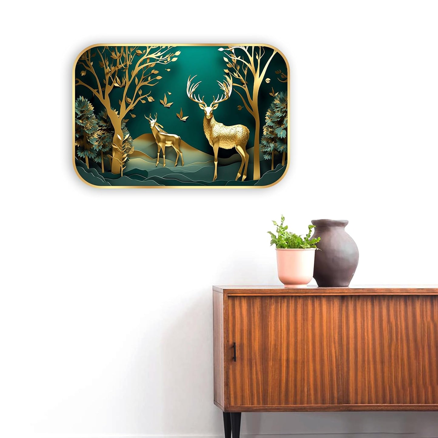 Indianara Golden Deer Forest Wall Art, Digital Print with Gold Frame, 45 x 30 cm, Emerald Green