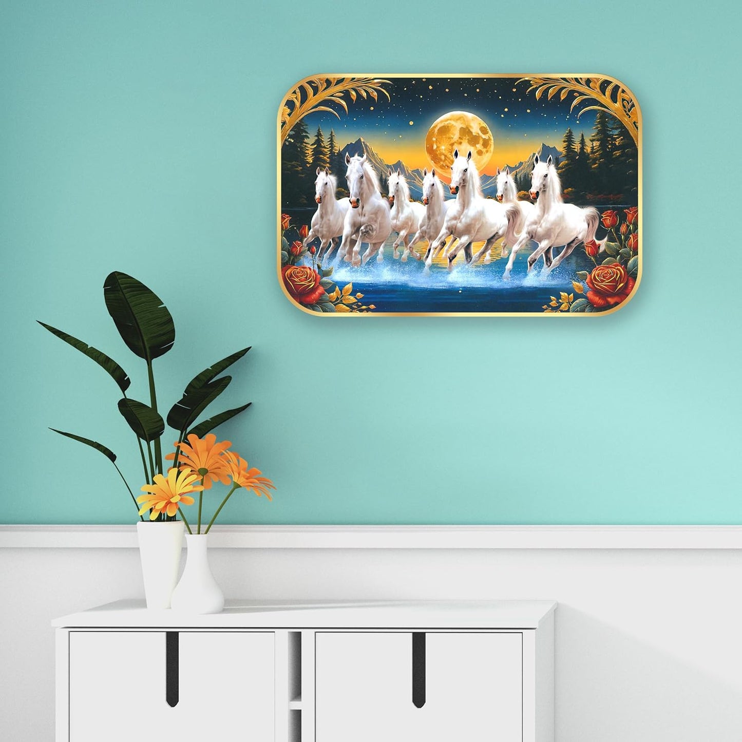 Indianara Seven Running White Horses Wall Art, Gold Frame, Night Scene with Moon, 45 x 30 cm (10914)