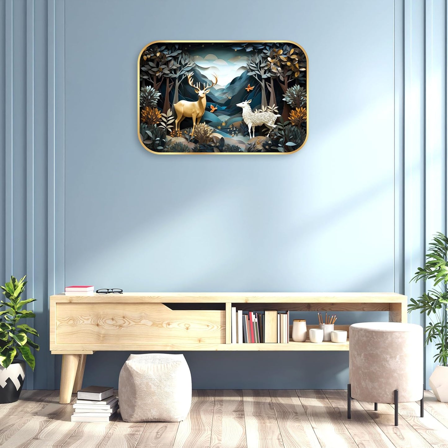 Indianara Enchanted Forest Wall Art, Gold Frame, 45 x 30 cm, Whimsical Deer Design, Indoor Decorative Print, Matte Finish
