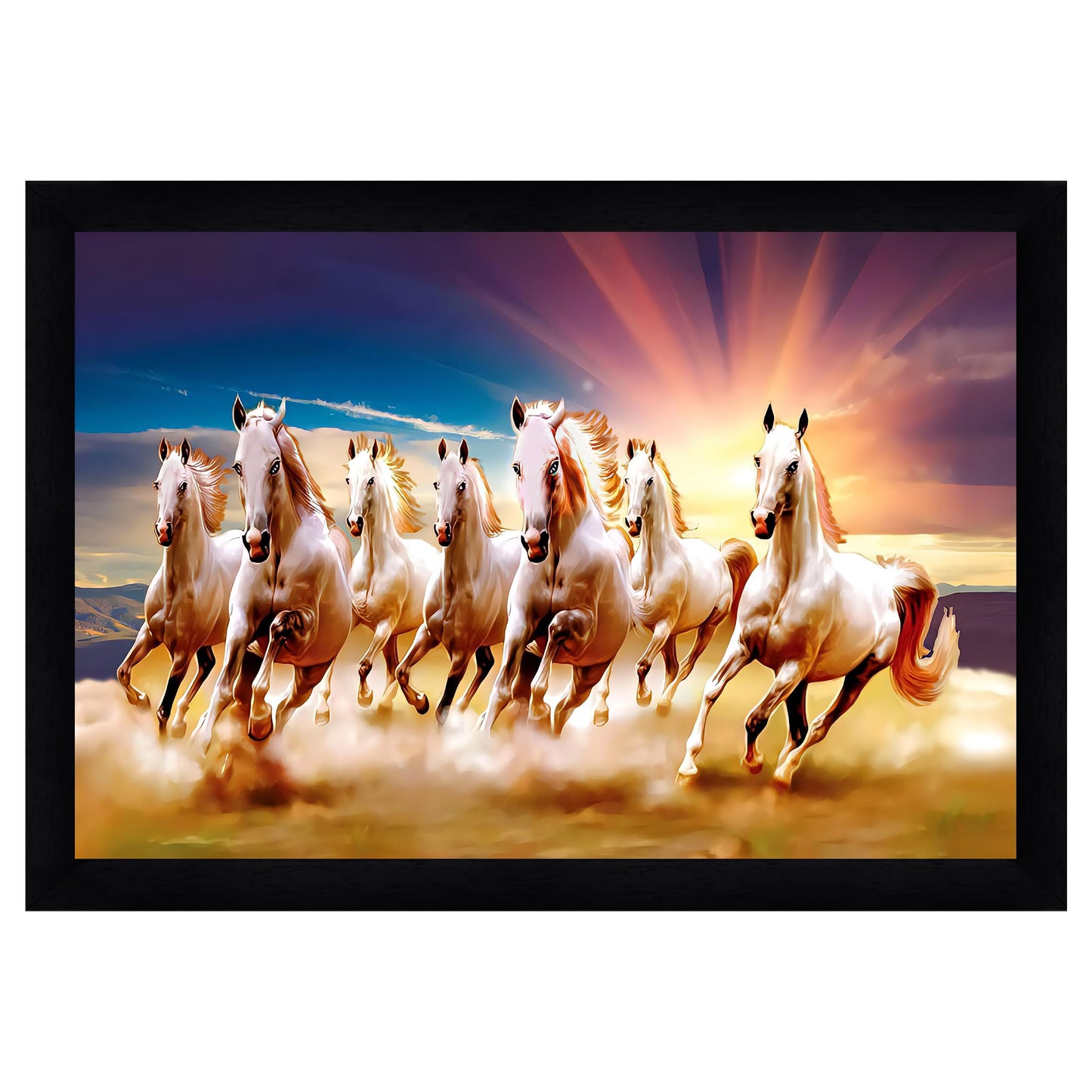 Indianara Vastu Runing Seven Horses Painting With Frame 13 Inches X 10 Inches (Style 1)