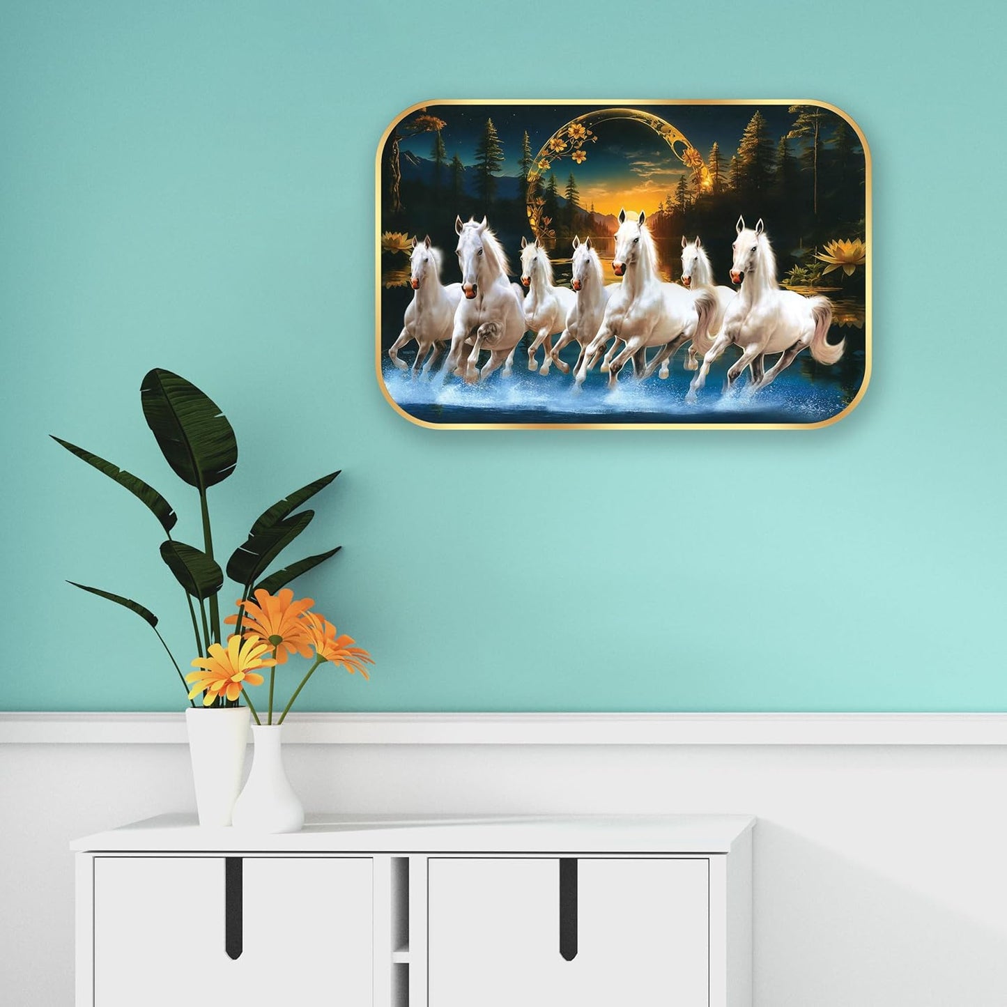 Indianara Seven Running White Horses Wall Art, Gold Frame, picturesque Scene, 45 x 30 cm (10903)