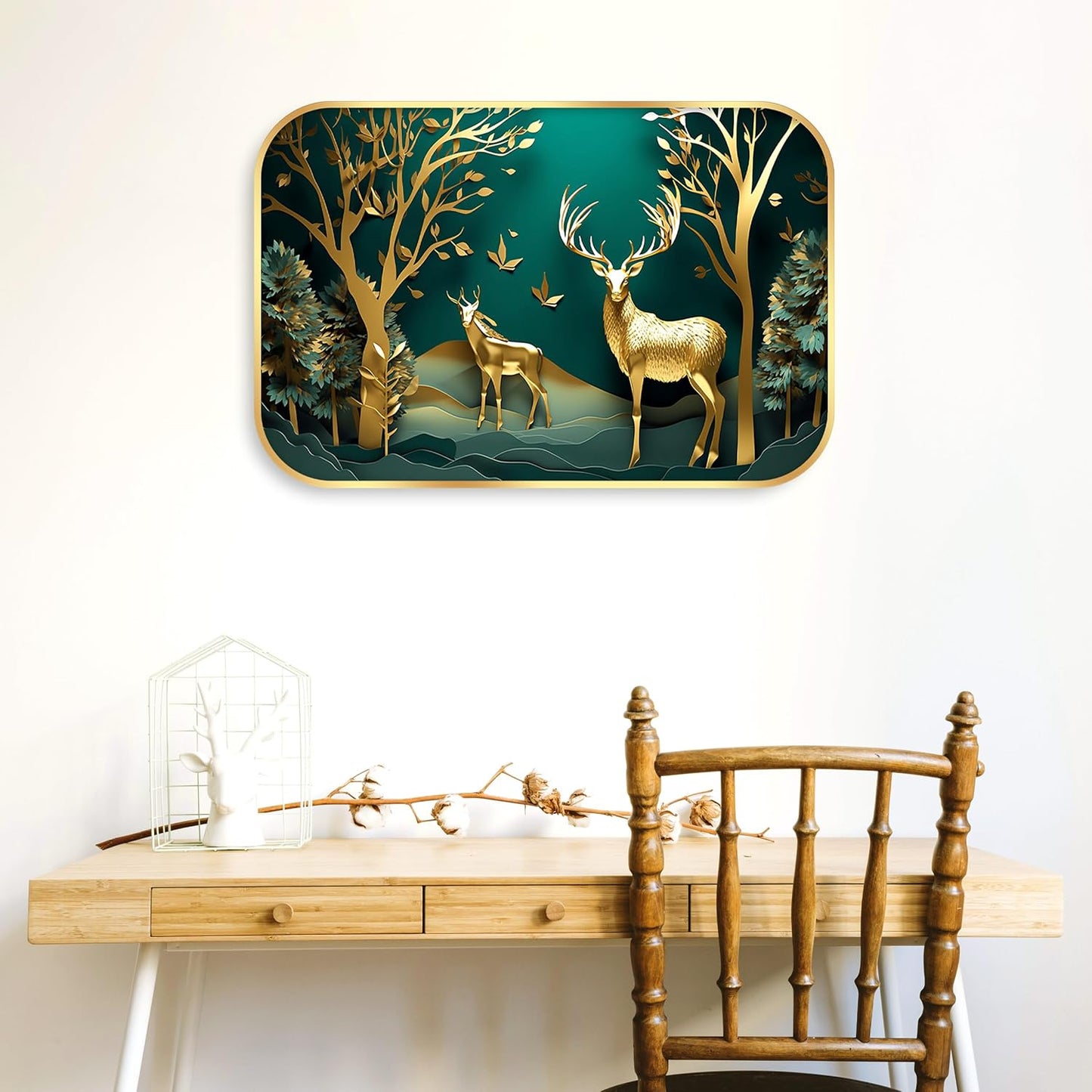 Indianara Golden Deer Forest Wall Art, Digital Print with Gold Frame, 45 x 30 cm, Emerald Green