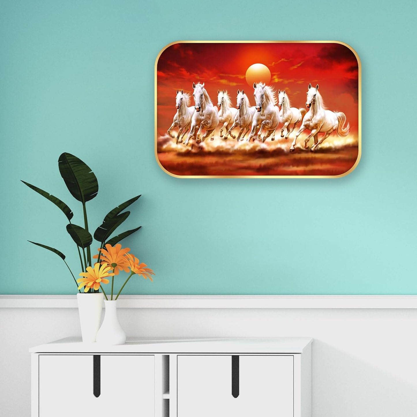 Indianara Seven Running White Horses Vastu Wall Art, Gold Frame, Digital Print, 45 x 30 cm (10927)