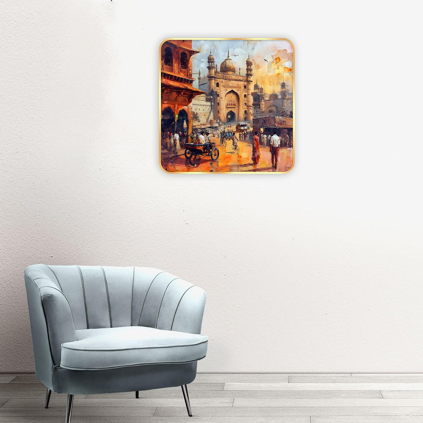 Indianara Ancient Indian Bazaar Scene Art Print, Golden Frame, Traditional Portrait, 40 cm x 40 cm, Premium Sparkle Lamination (6610)