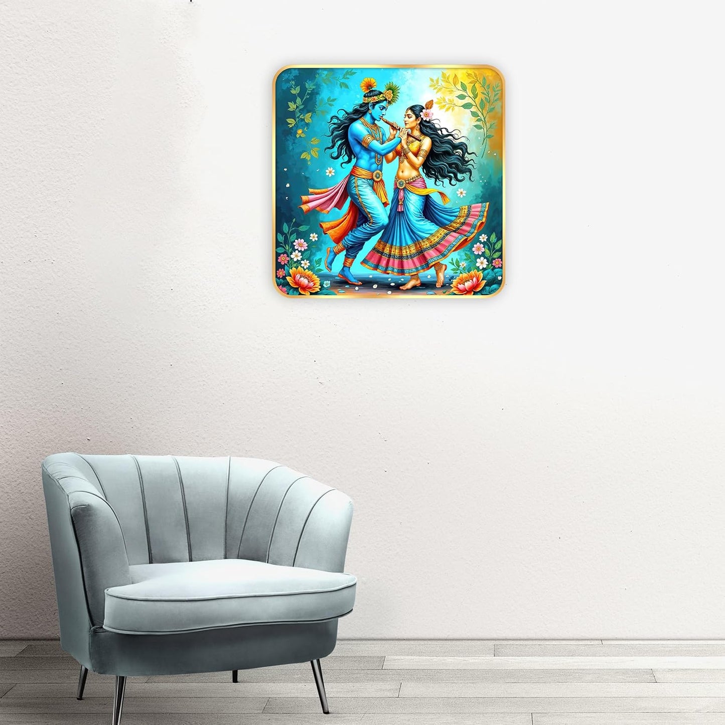 Indianara Traditional Radha Krishna Art Print, Golden Frame, Premium Sparkle Lamination, 40 cm x 40 cm (6674)