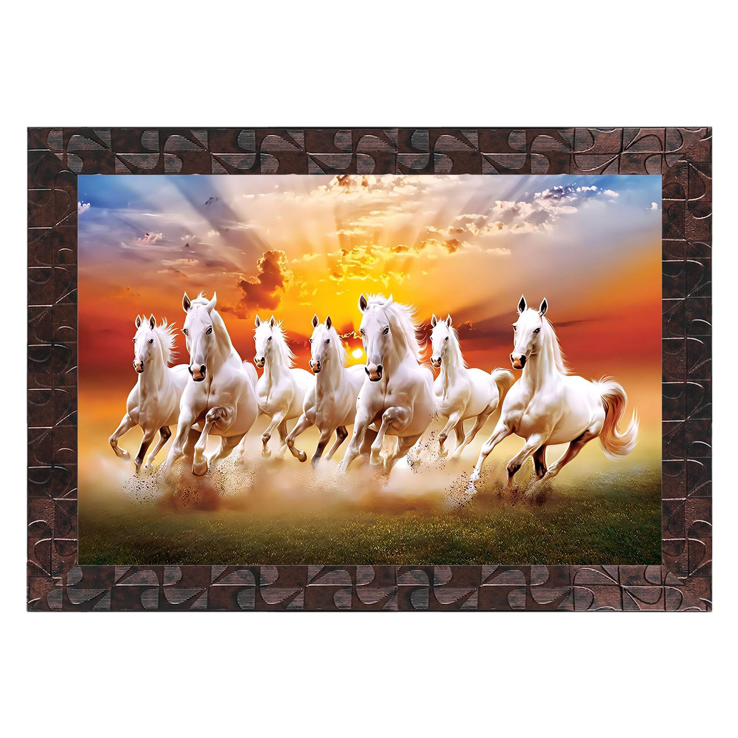 Indianara Vastu Runing Seven Horses Painting With Frame 13 Inches X 10 Inches (Style 1)