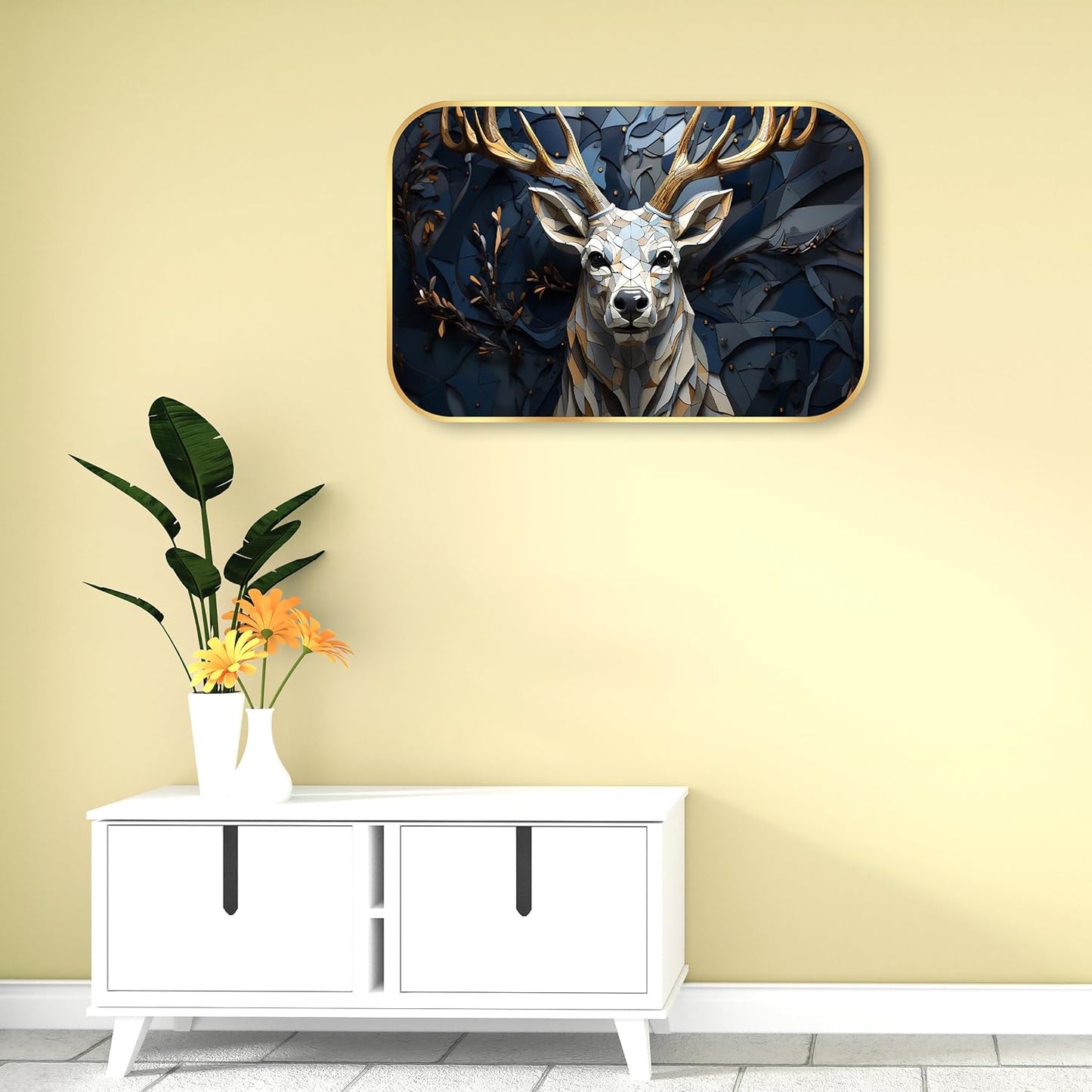 Indianara 3D Geometric Deer Wall Art, Gold Frame, 45 x 30 cm, Digital Print, Modern Design