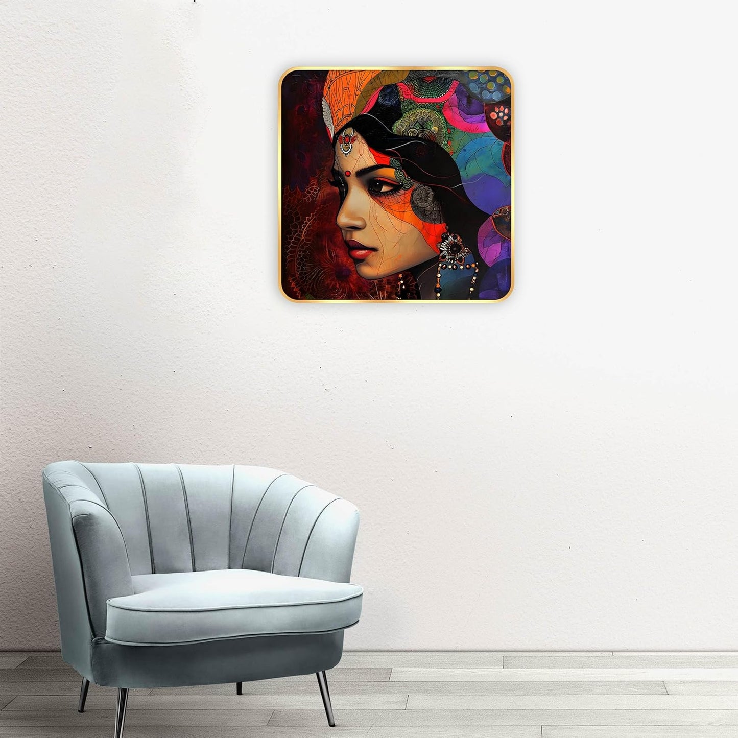 Indianara Beautiful Indian Woman Art Print with Golden Frame, Traditional Portrait, 40 cm x 40 cm, Premium Sparkle Lamination (6611)